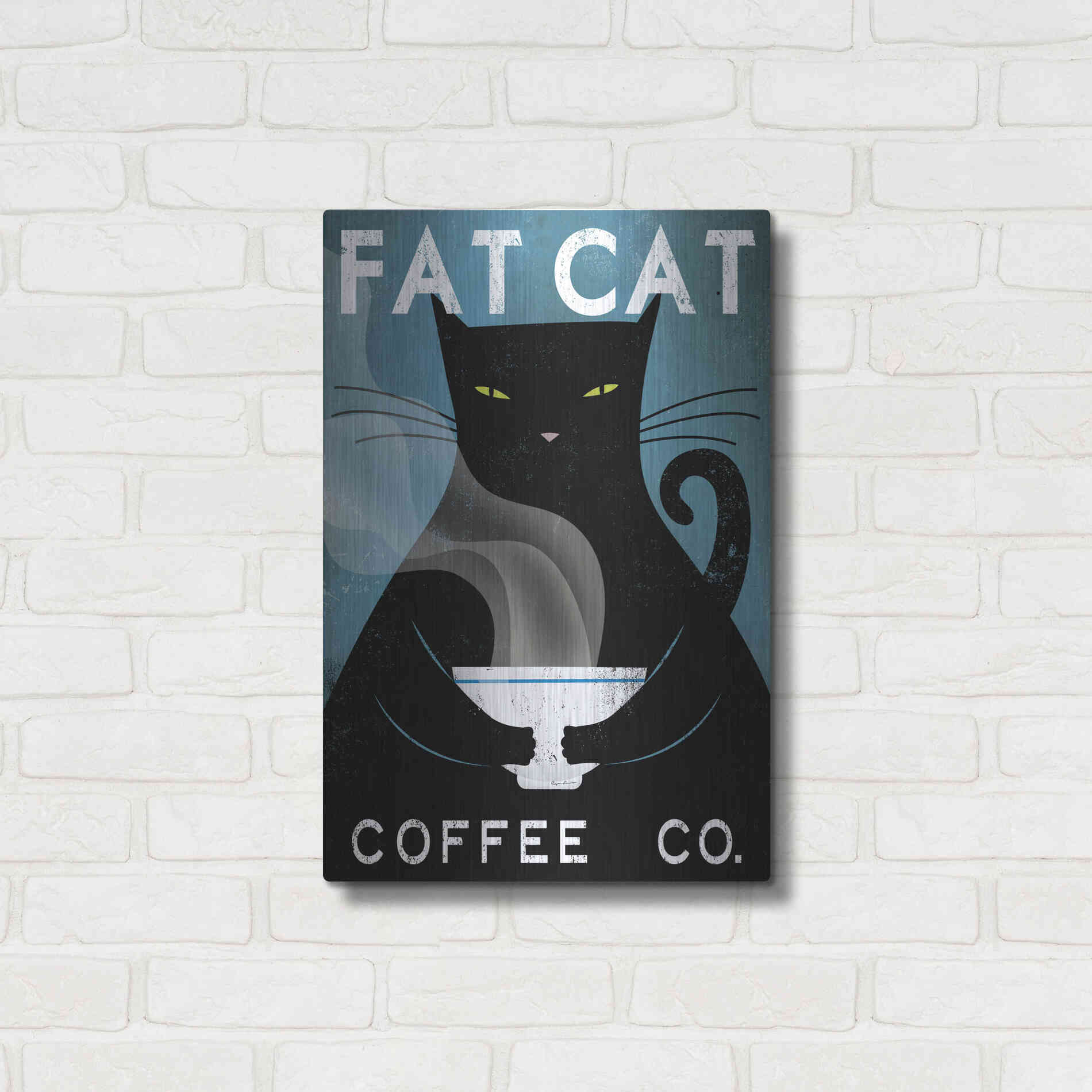 Luxe Metal Art 'Cat Coffee no City' by Ryan Fowler, Metal Wall Art,16x24