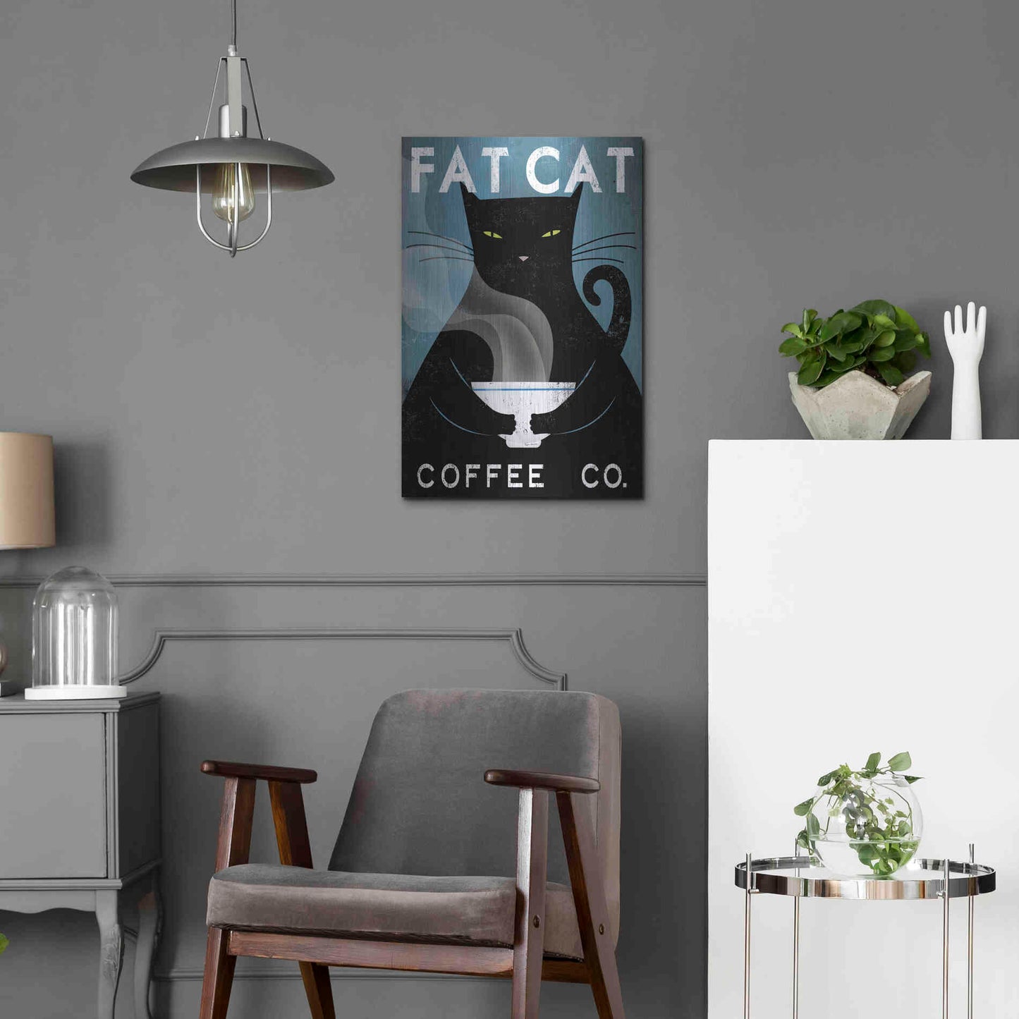 Luxe Metal Art 'Cat Coffee no City' by Ryan Fowler, Metal Wall Art,16x24