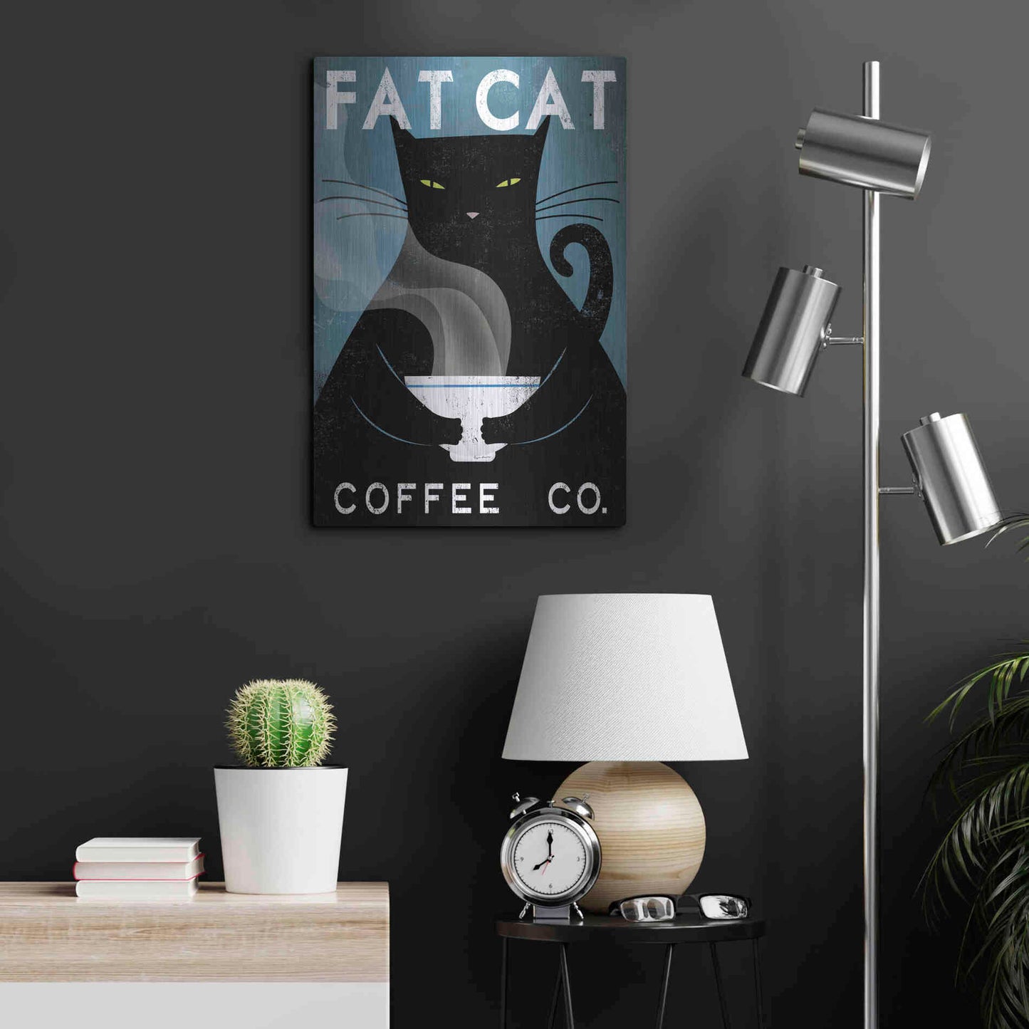 Luxe Metal Art 'Cat Coffee no City' by Ryan Fowler, Metal Wall Art,16x24