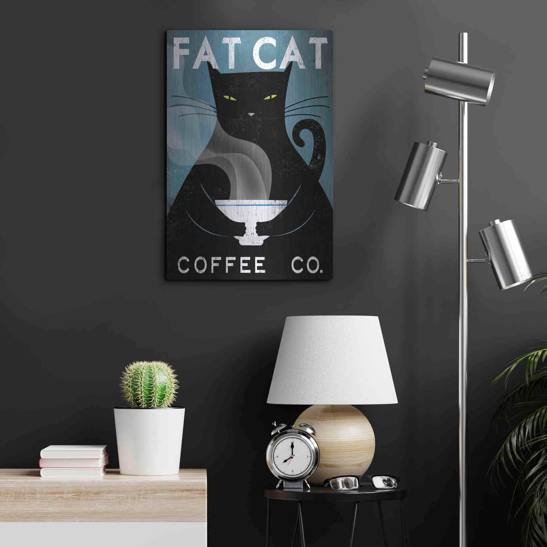 Luxe Metal Art 'Cat Coffee no City' by Ryan Fowler, Metal Wall Art,16x24