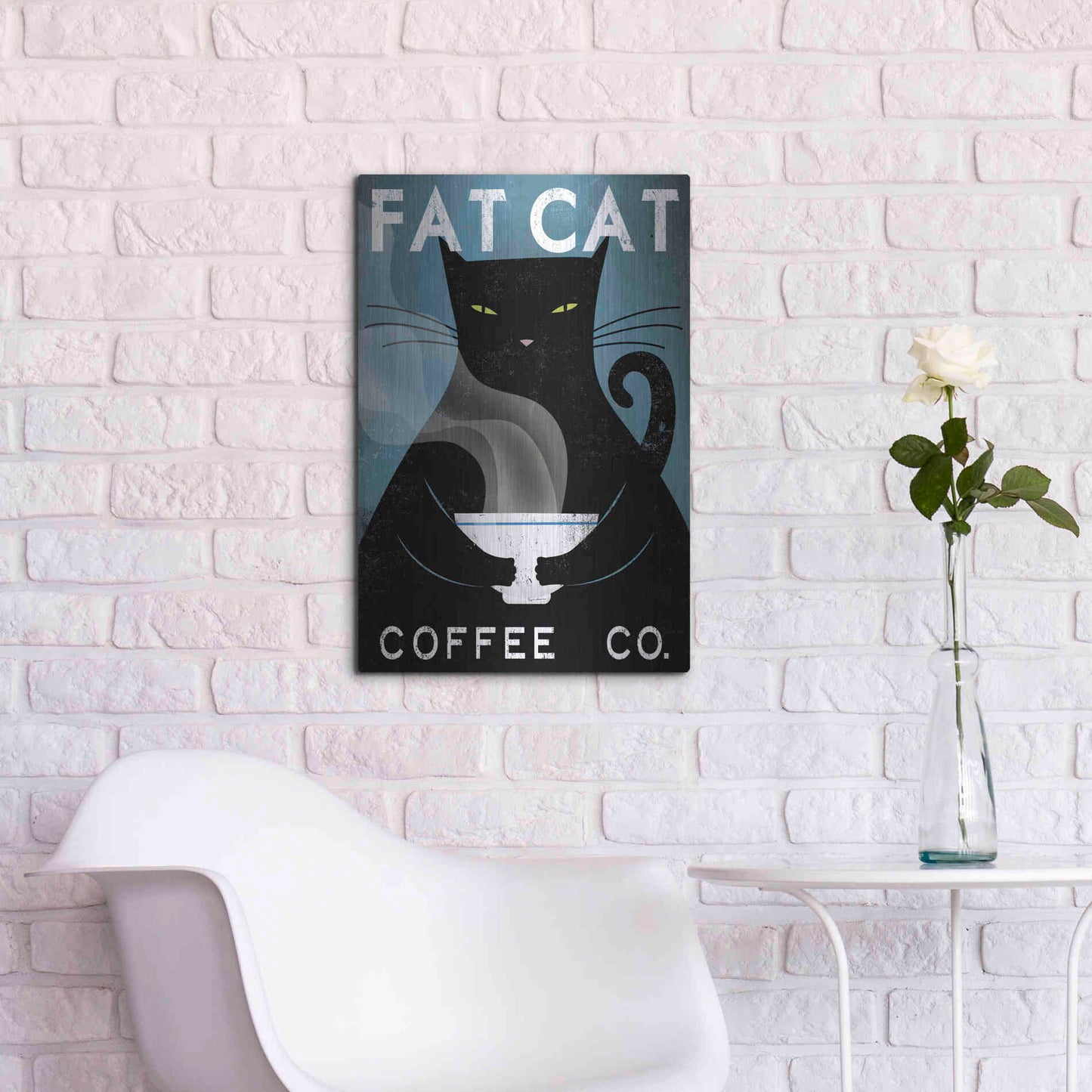 Luxe Metal Art 'Cat Coffee no City' by Ryan Fowler, Metal Wall Art,16x24