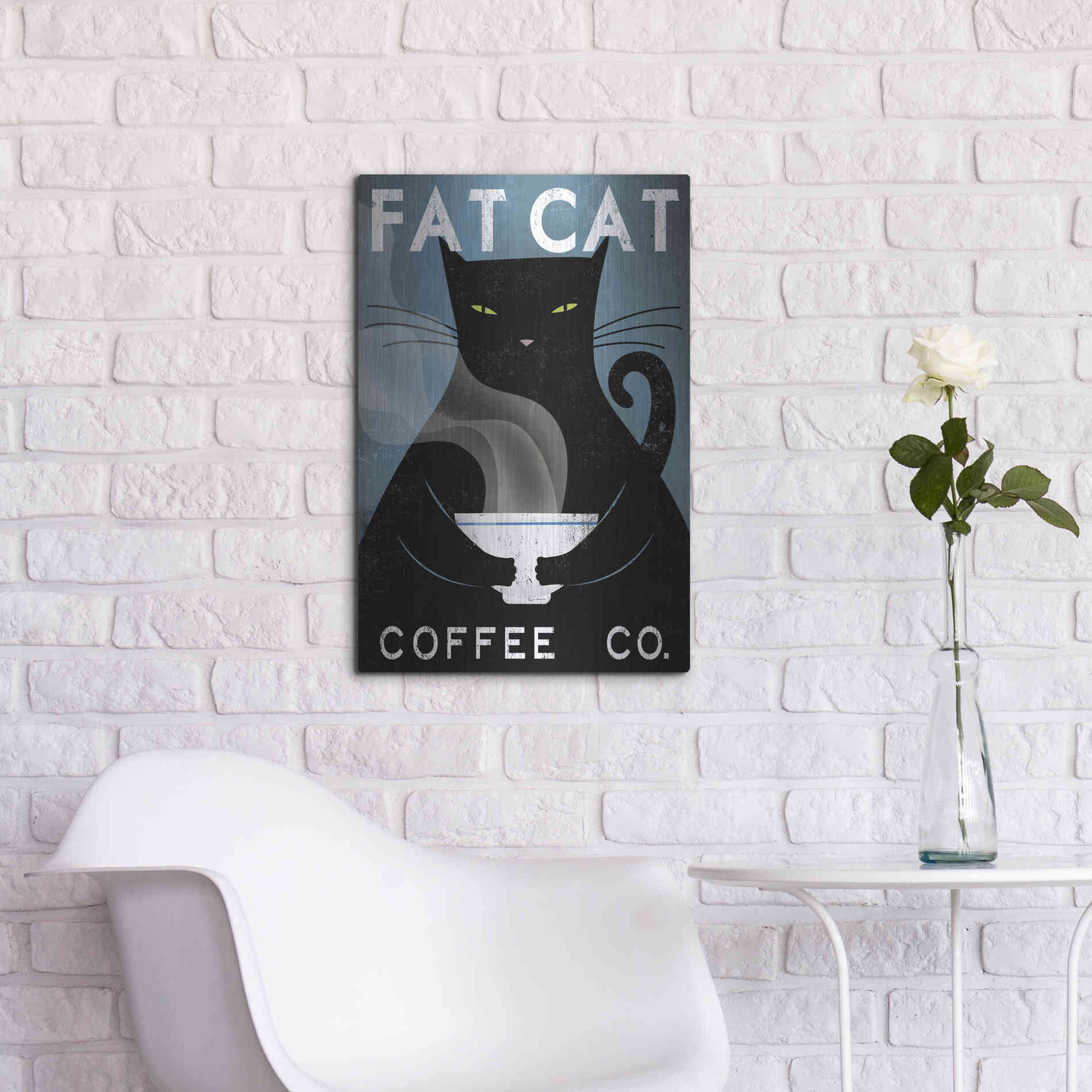 Luxe Metal Art 'Cat Coffee no City' by Ryan Fowler, Metal Wall Art,16x24
