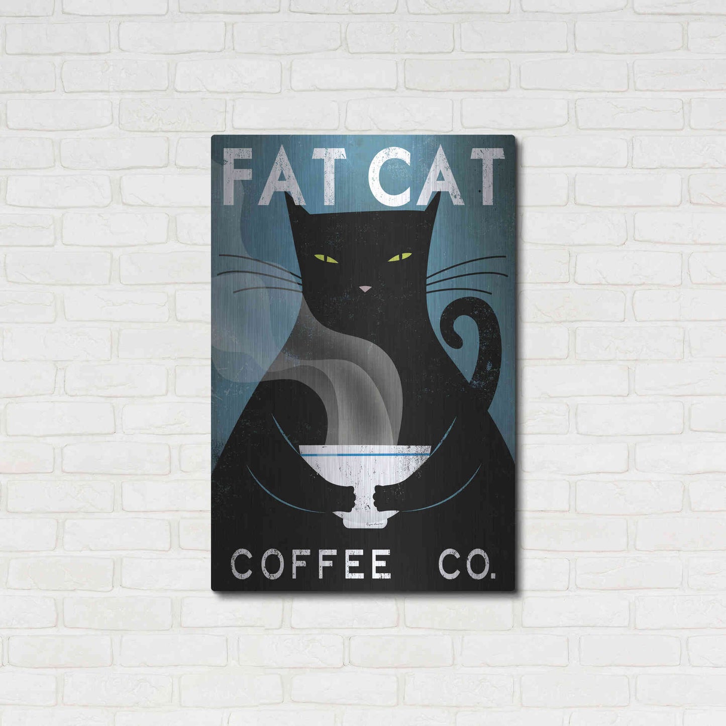 Luxe Metal Art 'Cat Coffee no City' by Ryan Fowler, Metal Wall Art,24x36