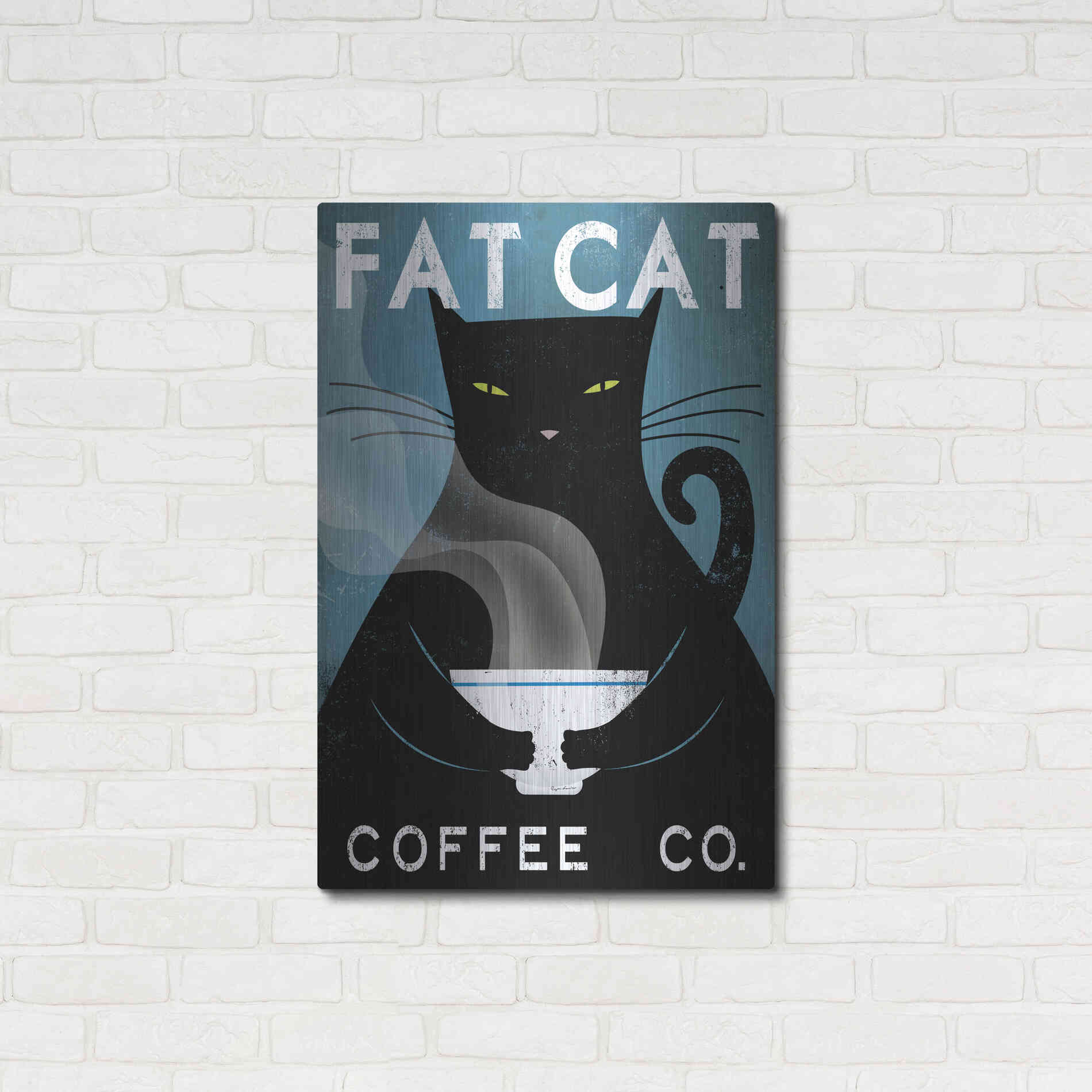 Luxe Metal Art 'Cat Coffee no City' by Ryan Fowler, Metal Wall Art,24x36