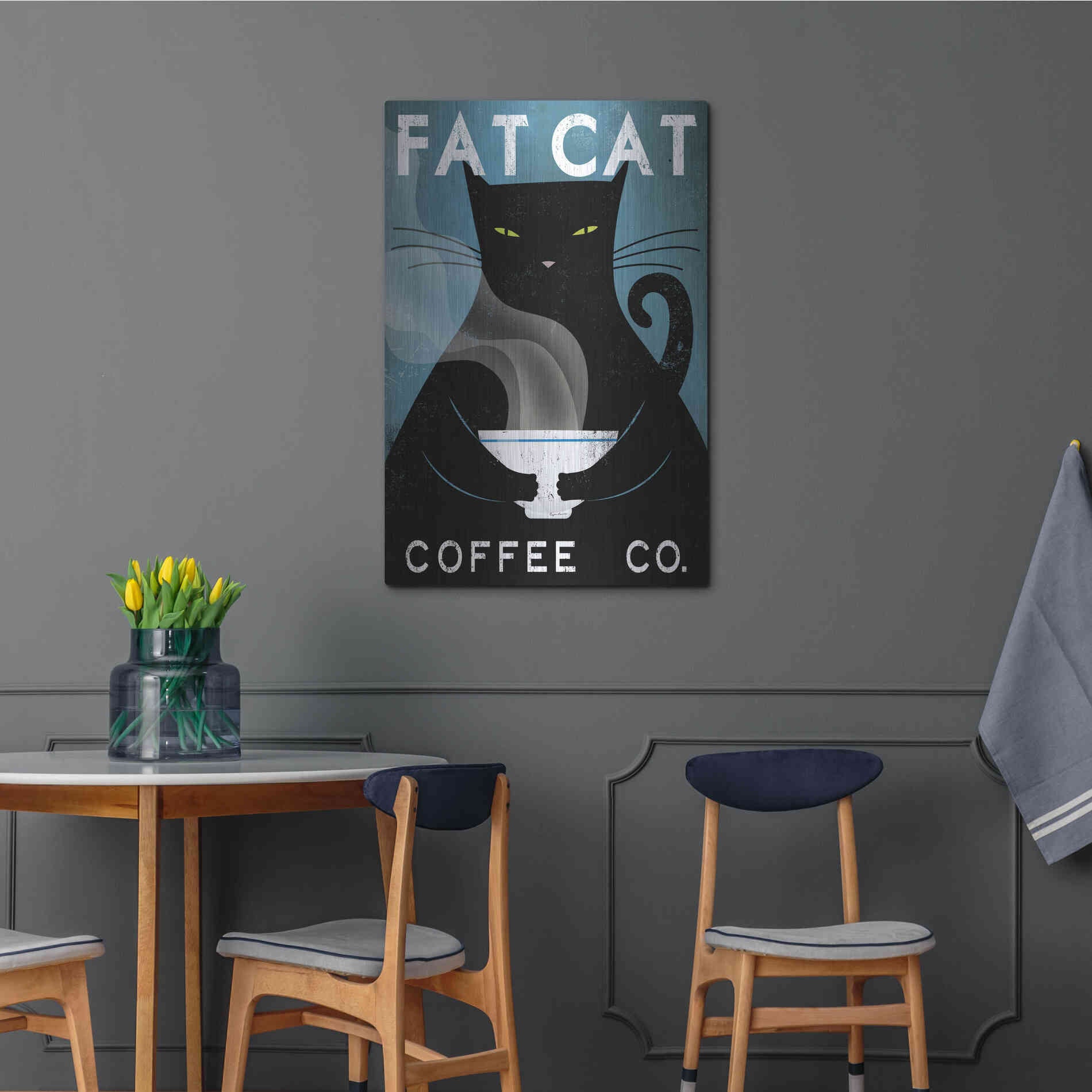 Luxe Metal Art 'Cat Coffee no City' by Ryan Fowler, Metal Wall Art,24x36