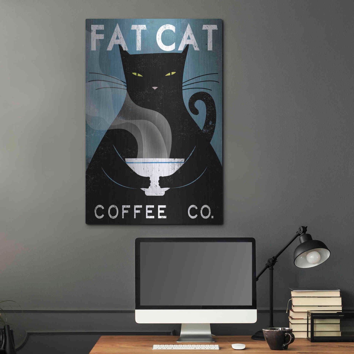 Luxe Metal Art 'Cat Coffee no City' by Ryan Fowler, Metal Wall Art,24x36