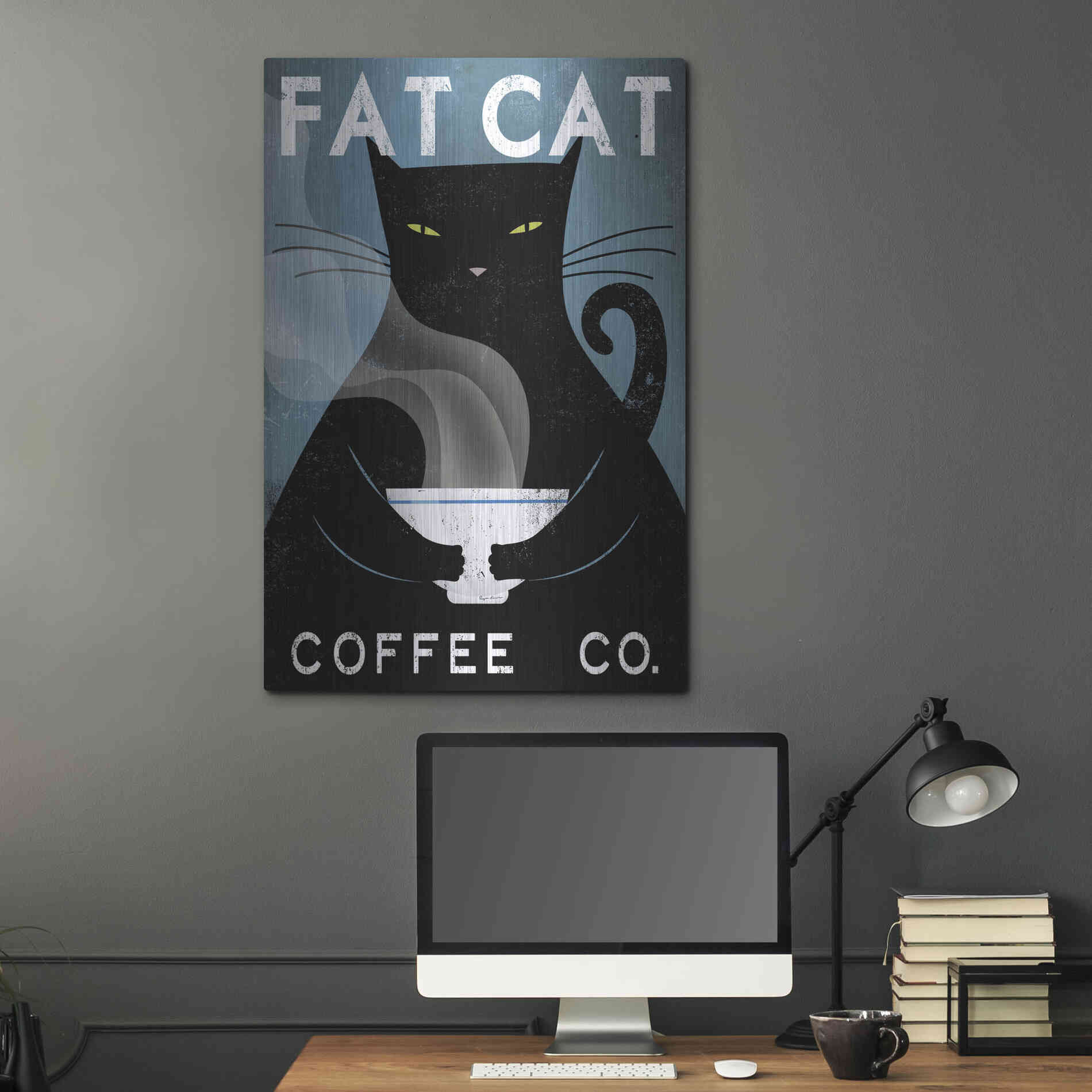 Luxe Metal Art 'Cat Coffee no City' by Ryan Fowler, Metal Wall Art,24x36