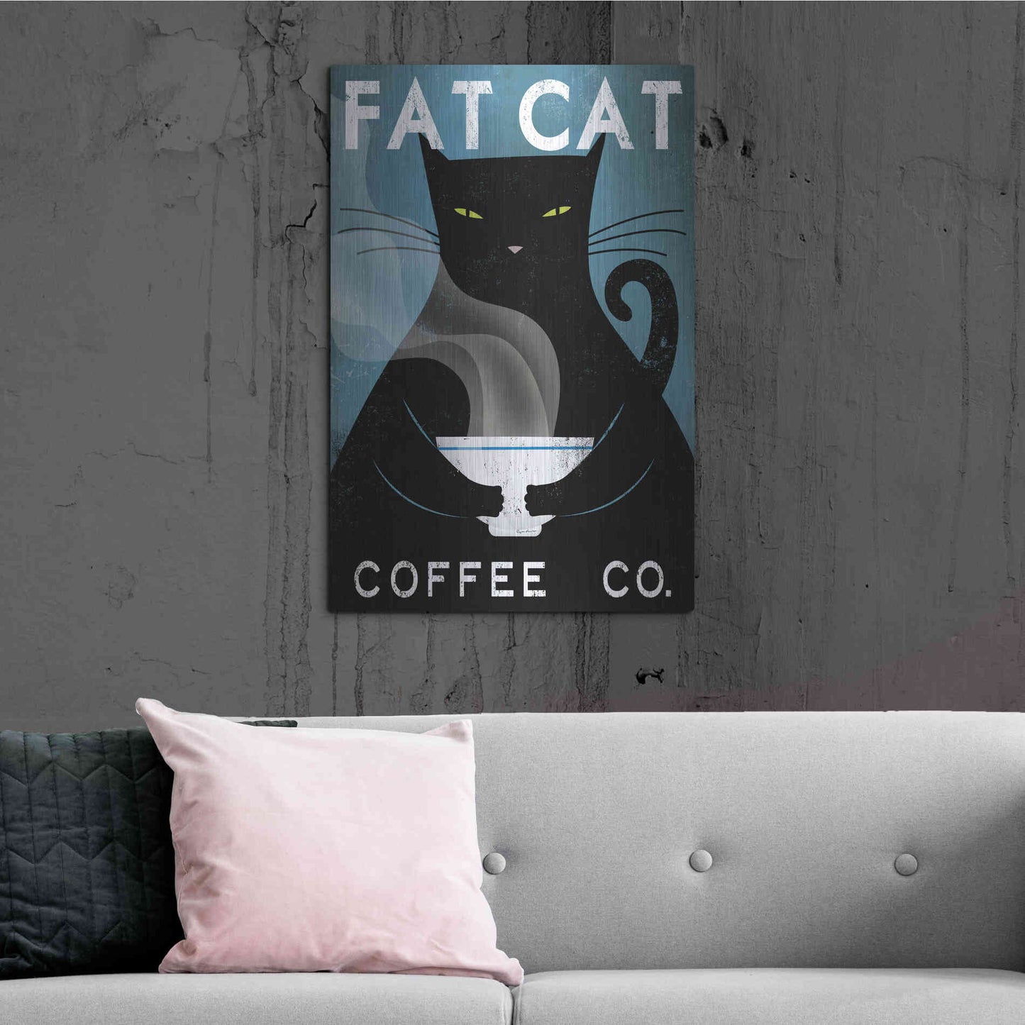 Luxe Metal Art 'Cat Coffee no City' by Ryan Fowler, Metal Wall Art,24x36