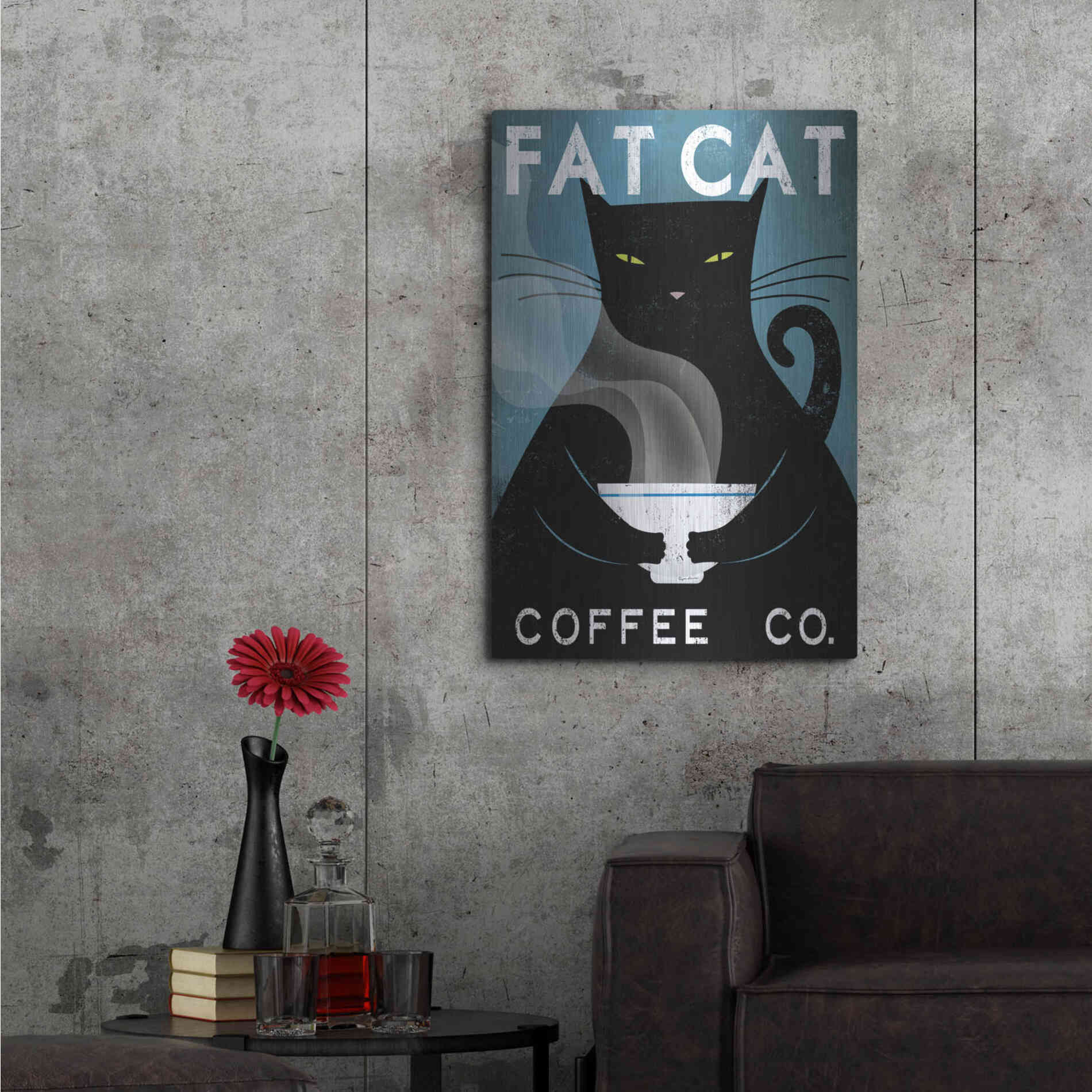 Luxe Metal Art 'Cat Coffee no City' by Ryan Fowler, Metal Wall Art,24x36