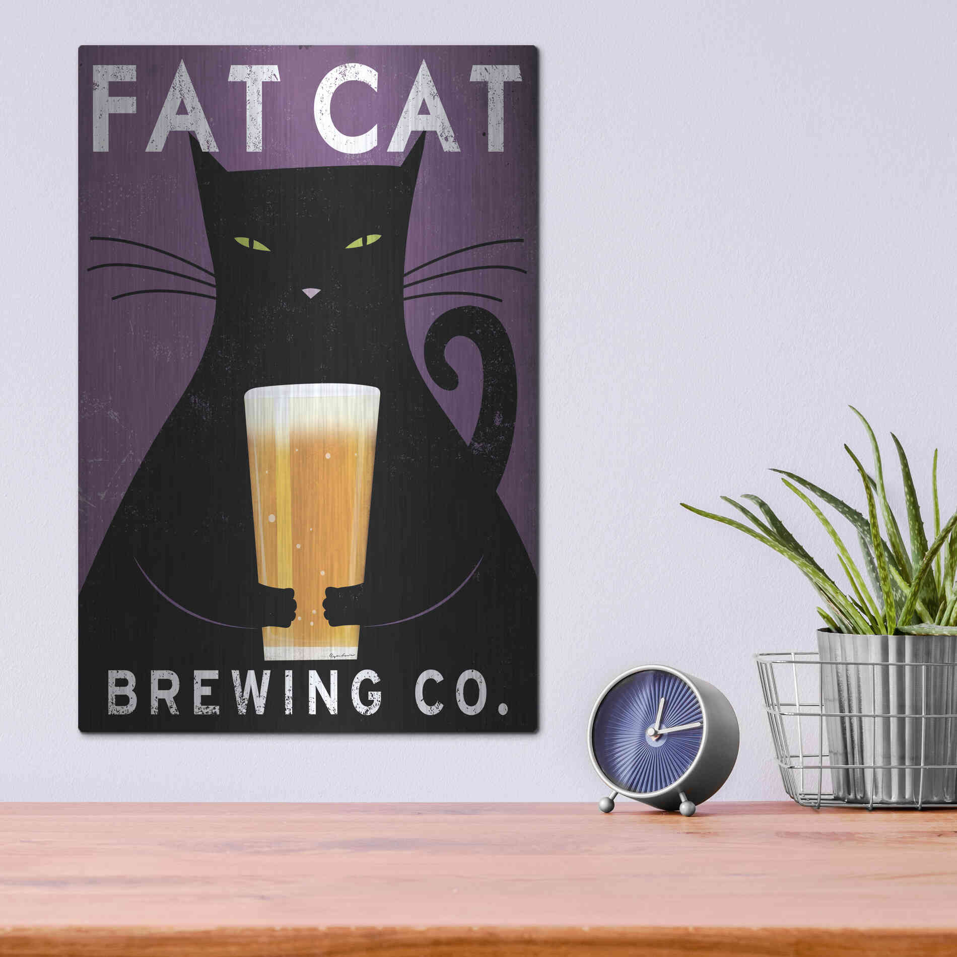 Luxe Metal Art 'Cat Brewing no City' by Ryan Fowler, Metal Wall Art,12x16