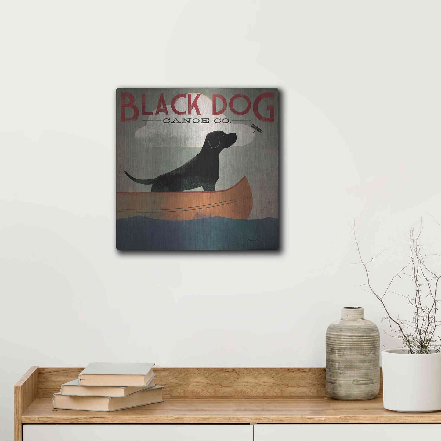 Luxe Metal Art 'Black Dog Canoe' by Ryan Fowler, Metal Wall Art,12x12