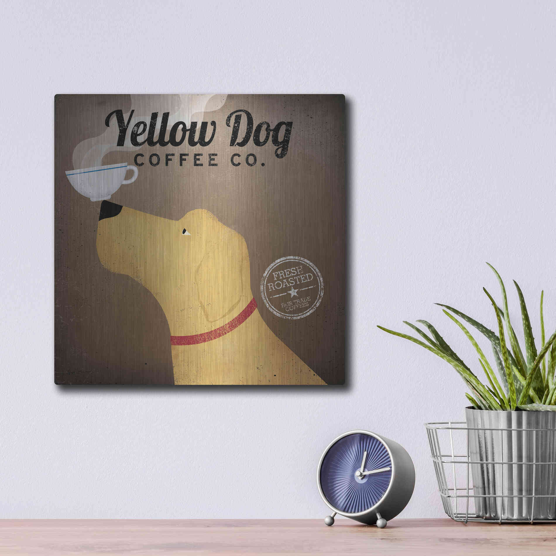 Luxe Metal Art 'Yellow Dog Coffee Co' by Ryan Fowler, Metal Wall Art,12x12