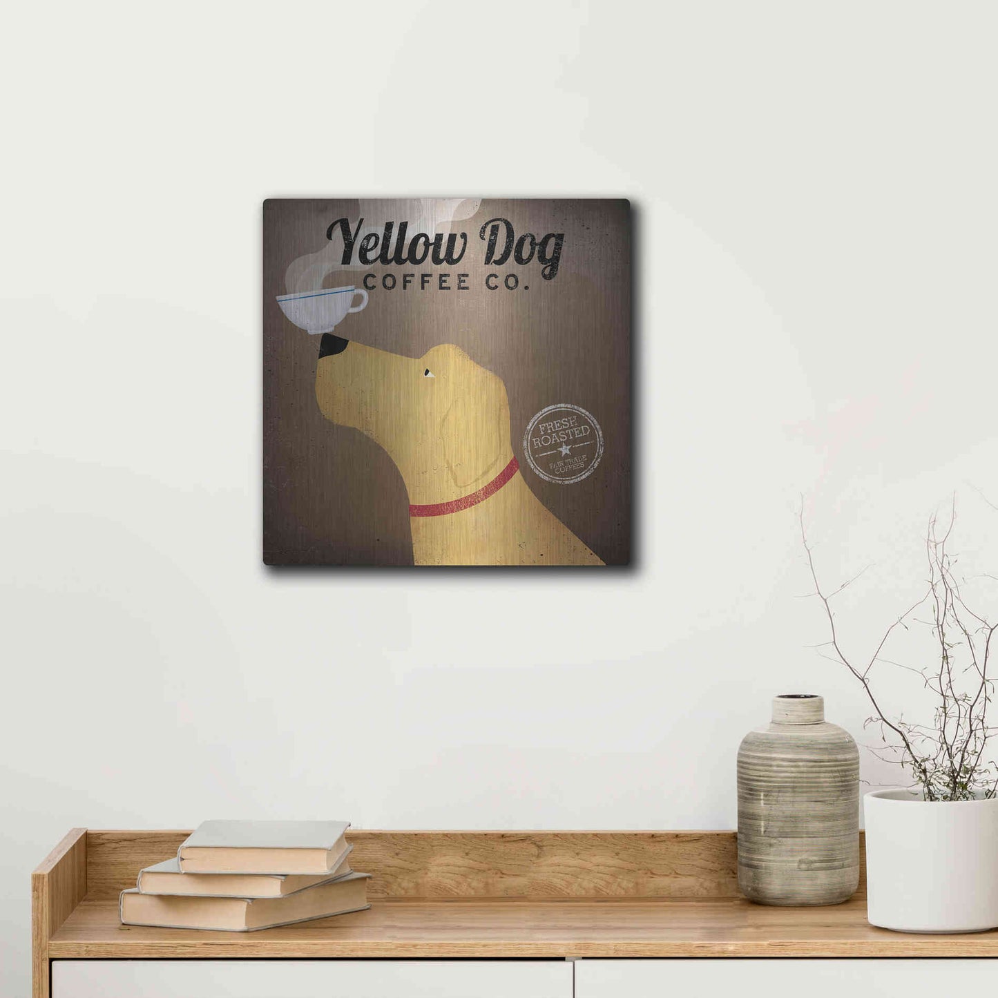 Luxe Metal Art 'Yellow Dog Coffee Co' by Ryan Fowler, Metal Wall Art,12x12