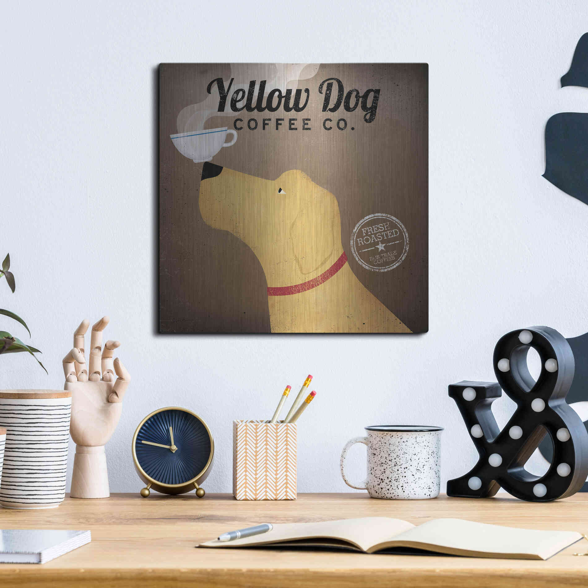Luxe Metal Art 'Yellow Dog Coffee Co' by Ryan Fowler, Metal Wall Art,12x12