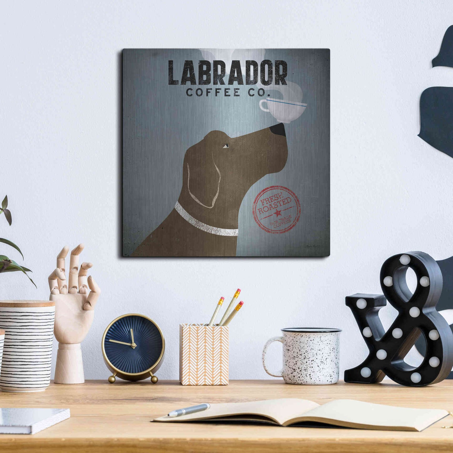 Luxe Metal Art 'Labrador Coffee Co' by Ryan Fowler, Metal Wall Art,12x12