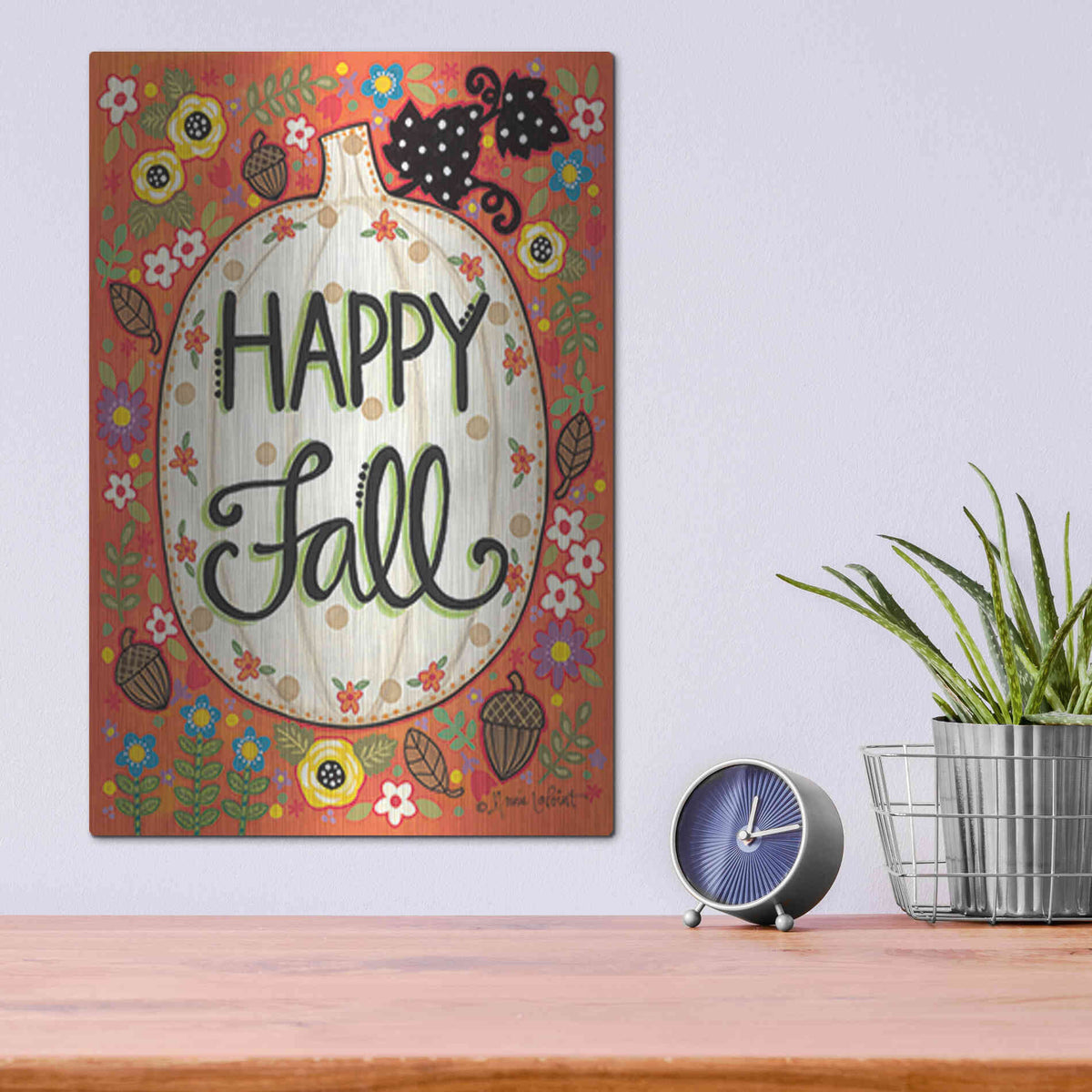 Luxe Metal Art 'Happy Fall Pumpkin' by Annie LaPoint, Metal Wall Art,12x16