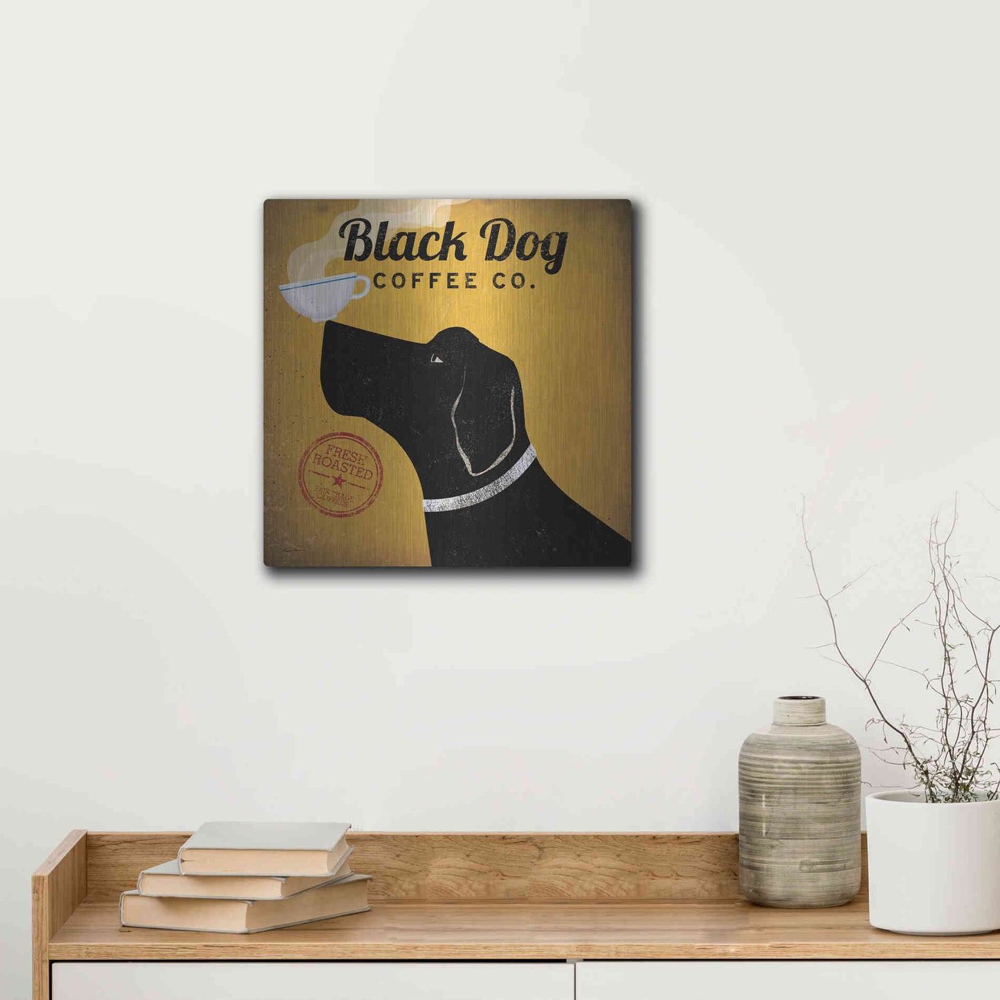 Luxe Metal Art 'Black Dog Coffee Co' by Ryan Fowler, Metal Wall Art,12x12