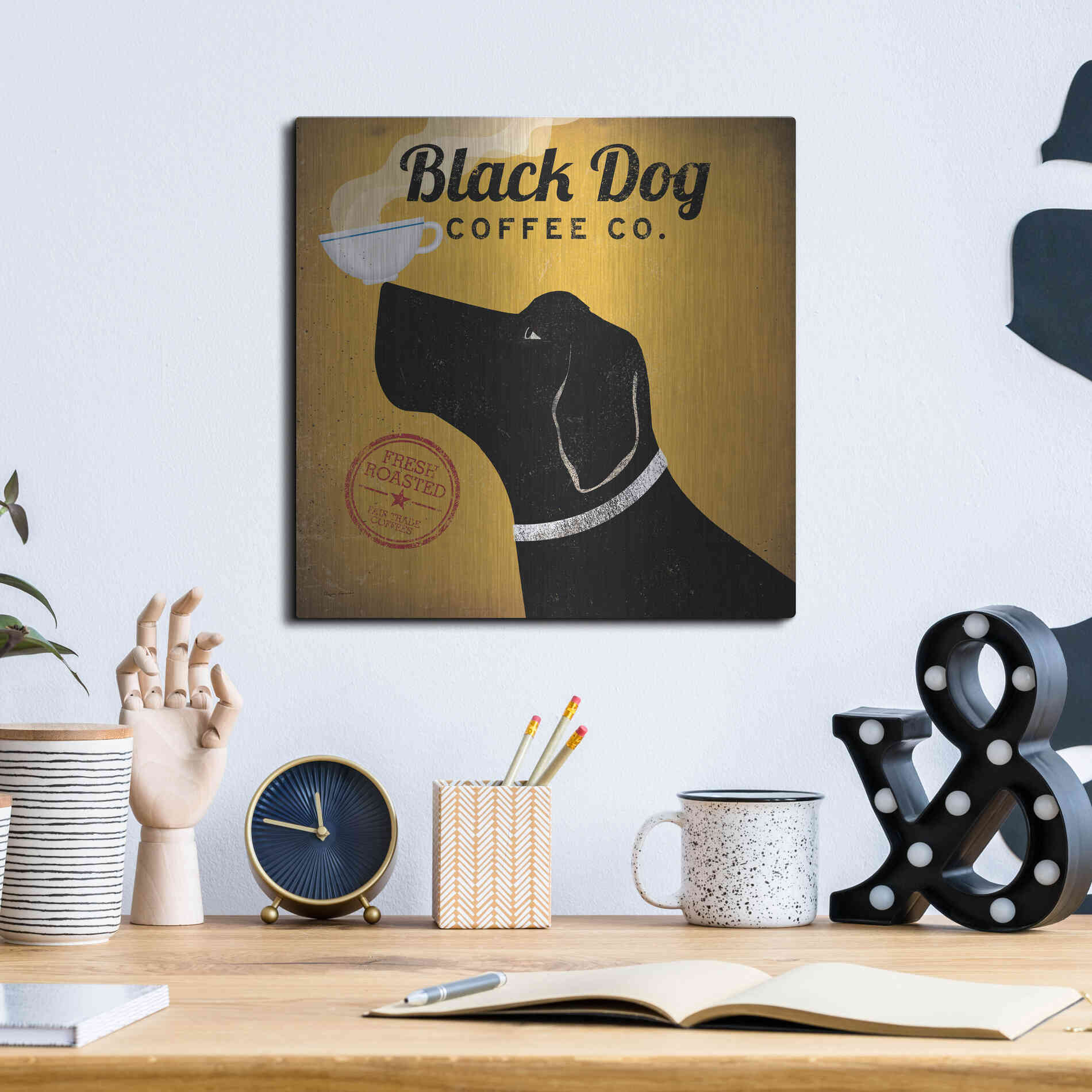 Luxe Metal Art 'Black Dog Coffee Co' by Ryan Fowler, Metal Wall Art,12x12