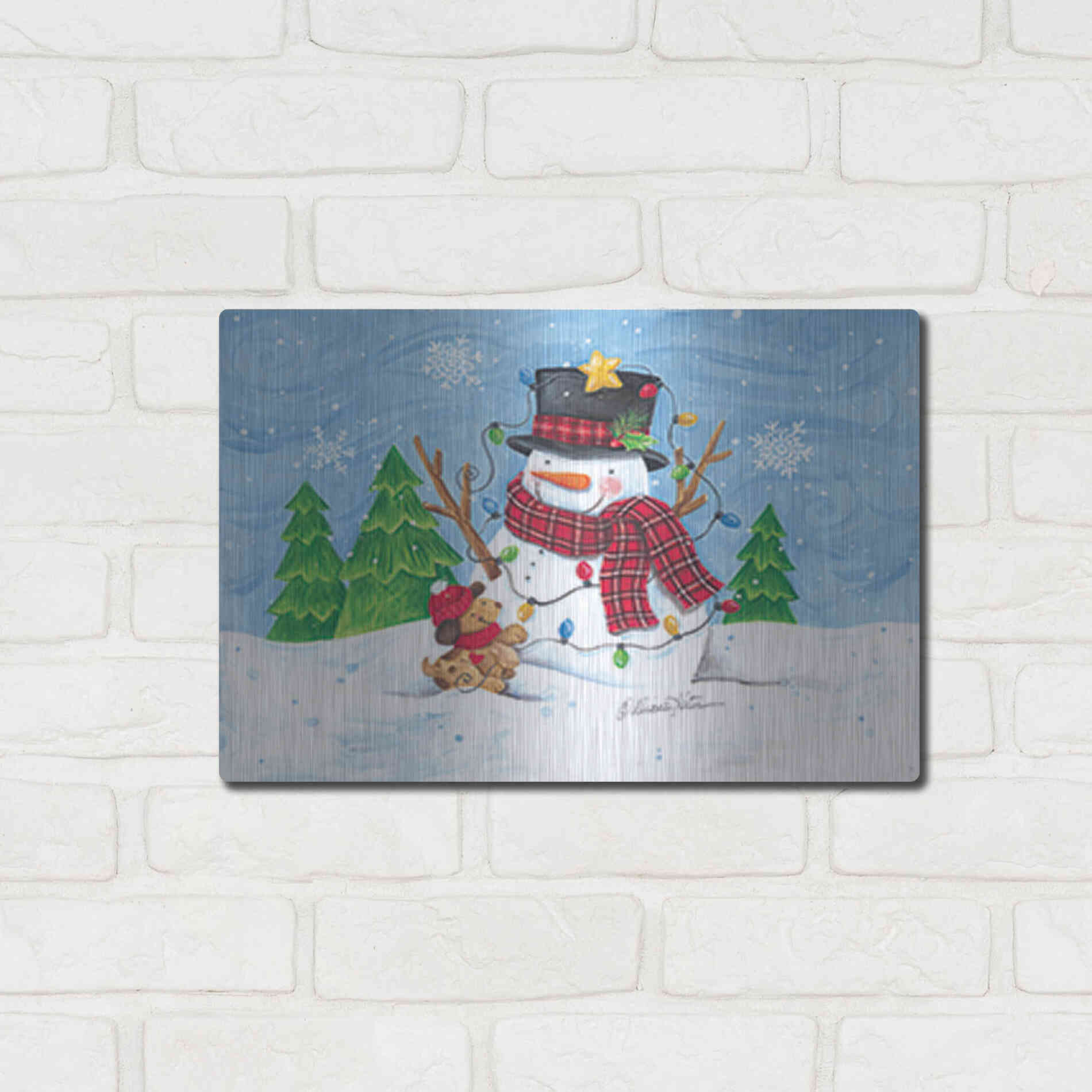 Luxe Metal Art 'Snowman and Christmas Lights' by Diane Kater, Metal Wall Art,16x12