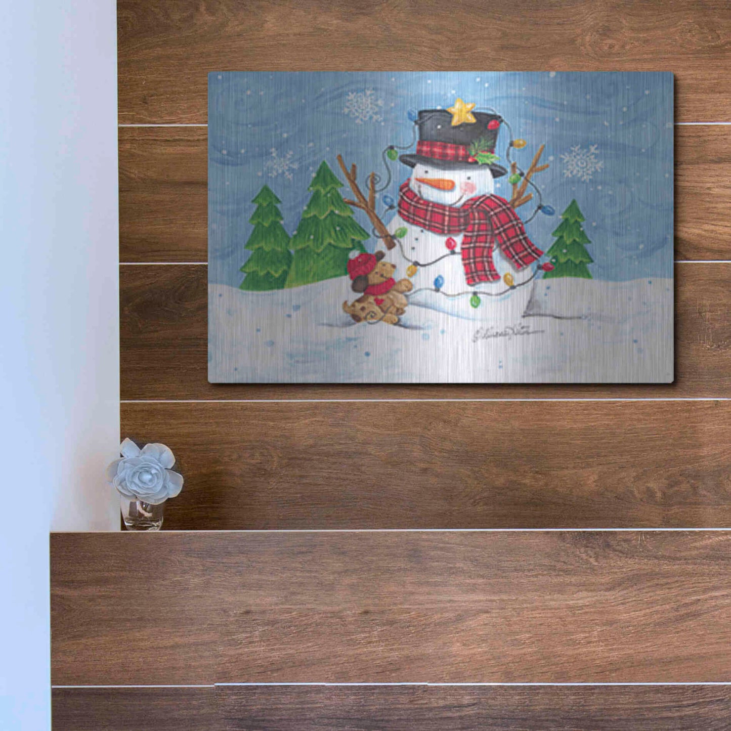 Luxe Metal Art 'Snowman and Christmas Lights' by Diane Kater, Metal Wall Art,16x12