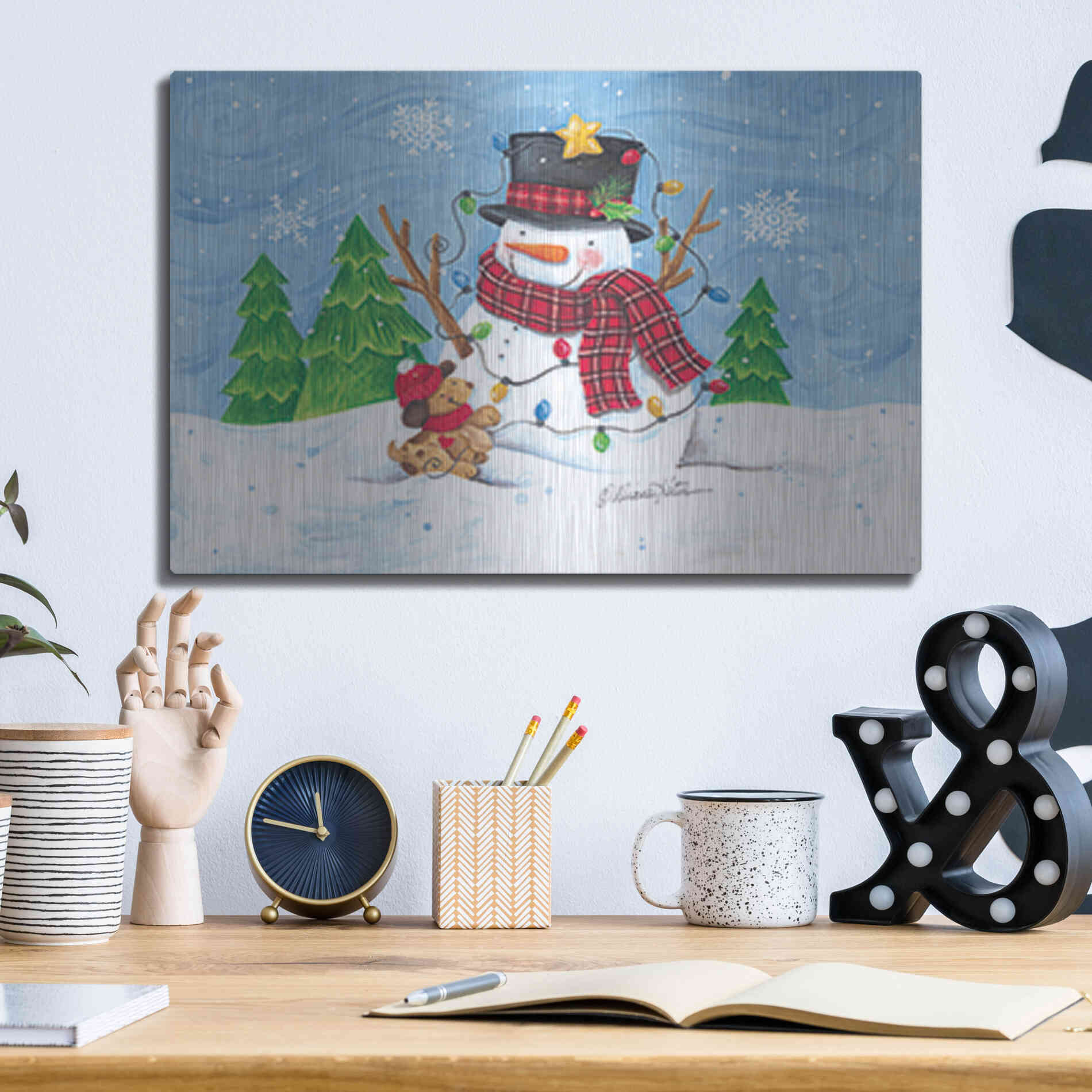 Luxe Metal Art 'Snowman and Christmas Lights' by Diane Kater, Metal Wall Art,16x12