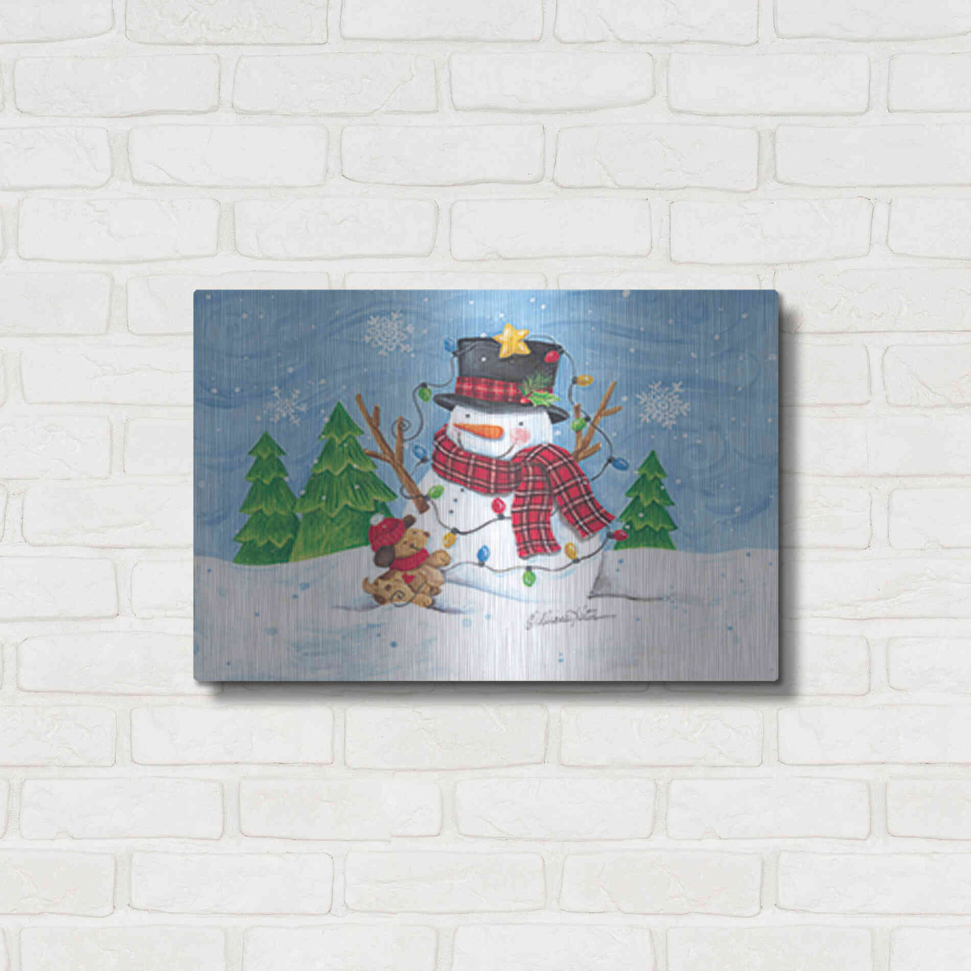 Luxe Metal Art 'Snowman and Christmas Lights' by Diane Kater, Metal Wall Art,24x16