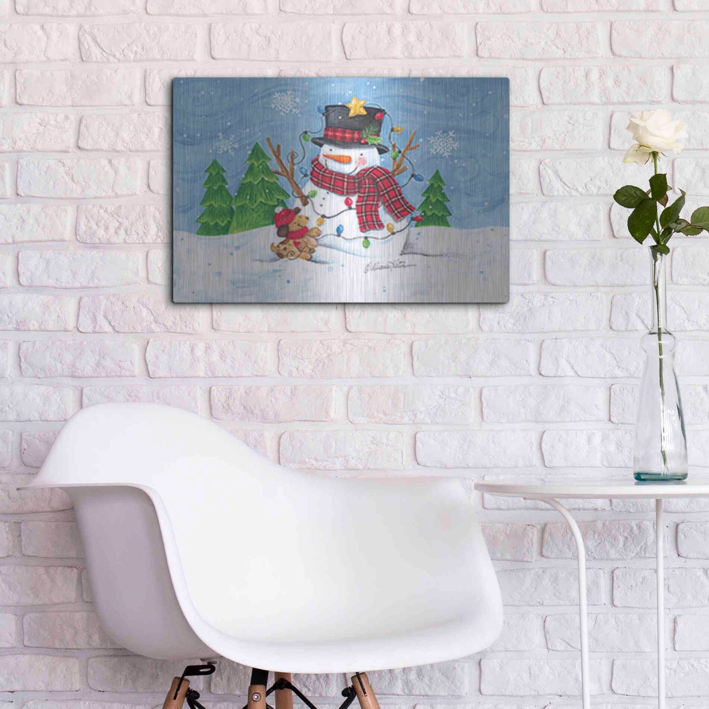 Luxe Metal Art 'Snowman and Christmas Lights' by Diane Kater, Metal Wall Art,24x16