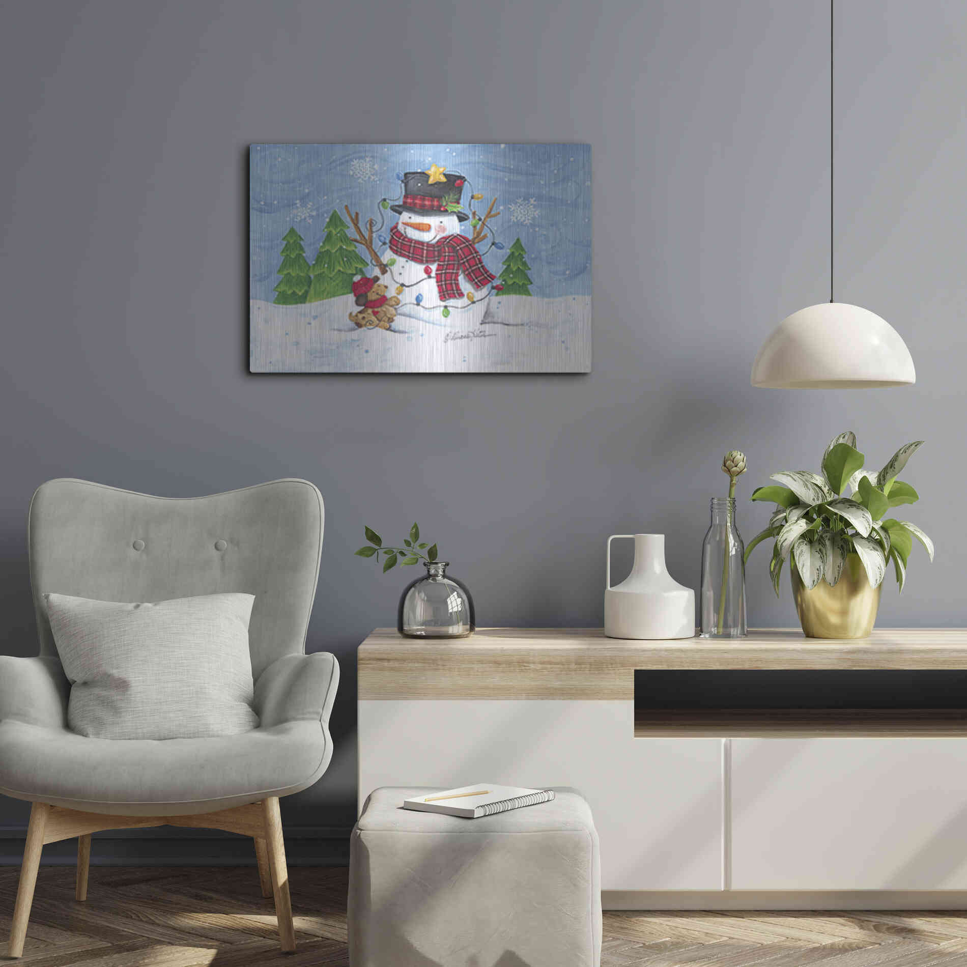 Luxe Metal Art 'Snowman and Christmas Lights' by Diane Kater, Metal Wall Art,24x16