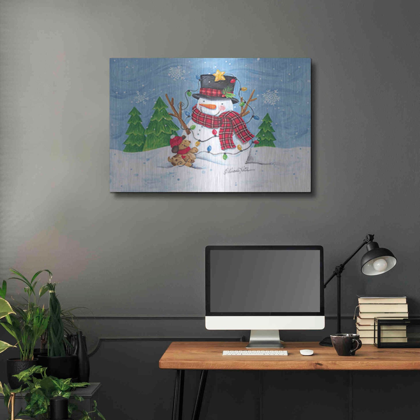 Luxe Metal Art 'Snowman and Christmas Lights' by Diane Kater, Metal Wall Art,36x24