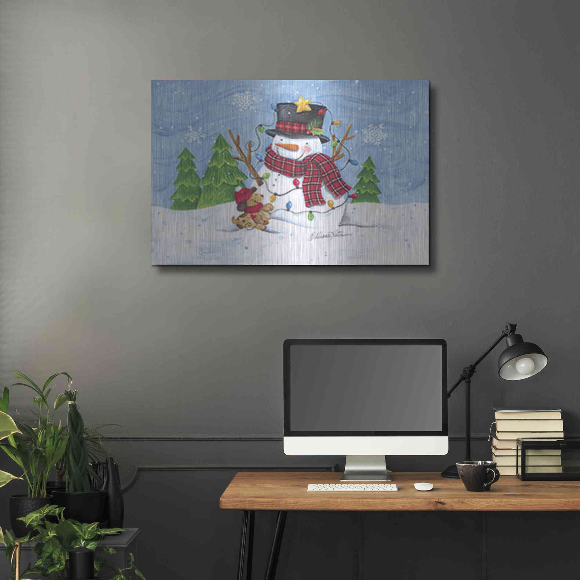 Luxe Metal Art 'Snowman and Christmas Lights' by Diane Kater, Metal Wall Art,36x24