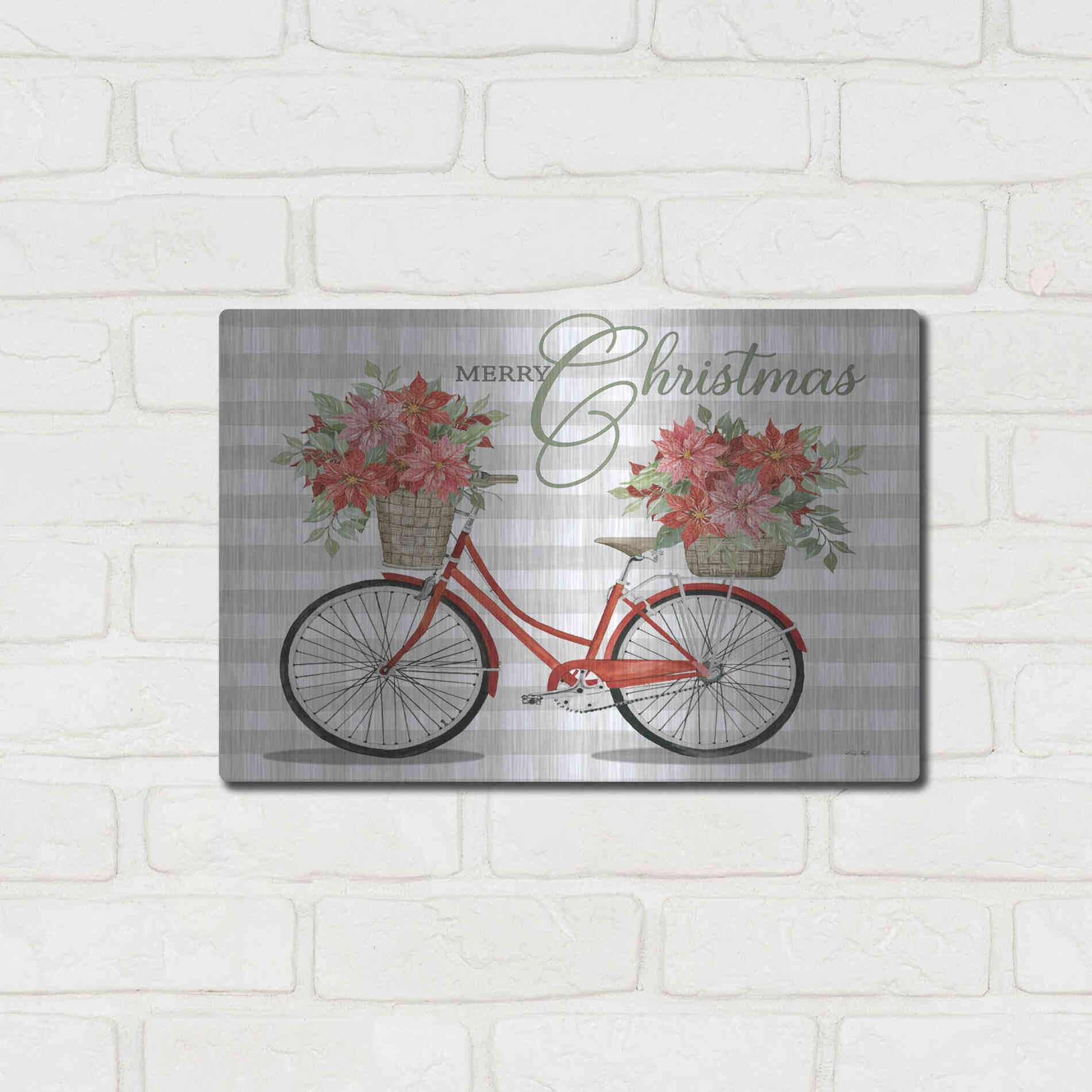 Luxe Metal Art 'Merry Christmas Bicycle I' by Cindy Jacobs, Metal Wall Art,16x12