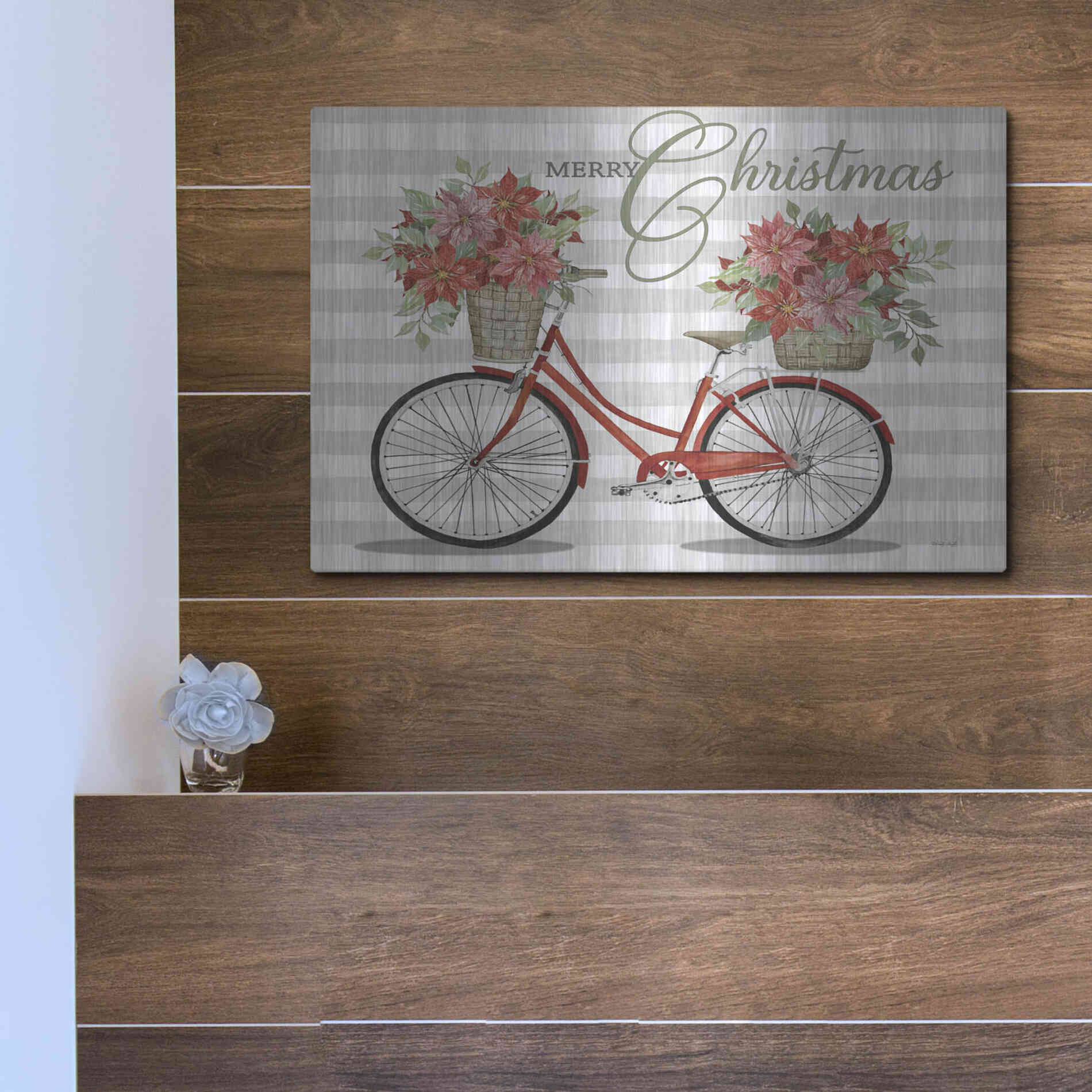 Luxe Metal Art 'Merry Christmas Bicycle I' by Cindy Jacobs, Metal Wall Art,16x12