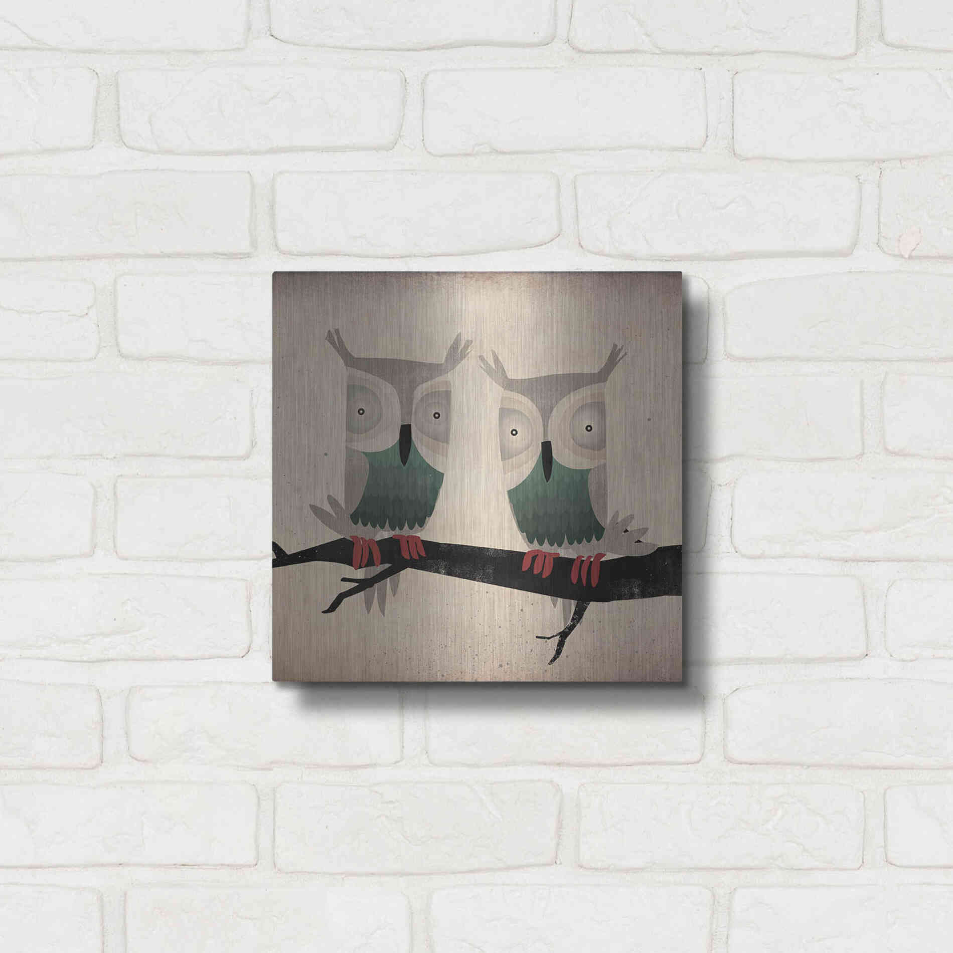 Luxe Metal Art 'Tan Owls Square' by Ryan Fowler, Metal Wall Art,12x12