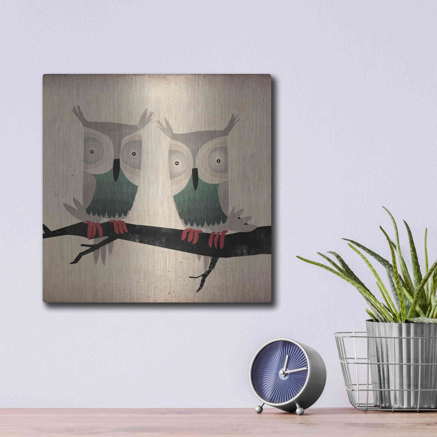 Luxe Metal Art 'Tan Owls Square' by Ryan Fowler, Metal Wall Art,12x12