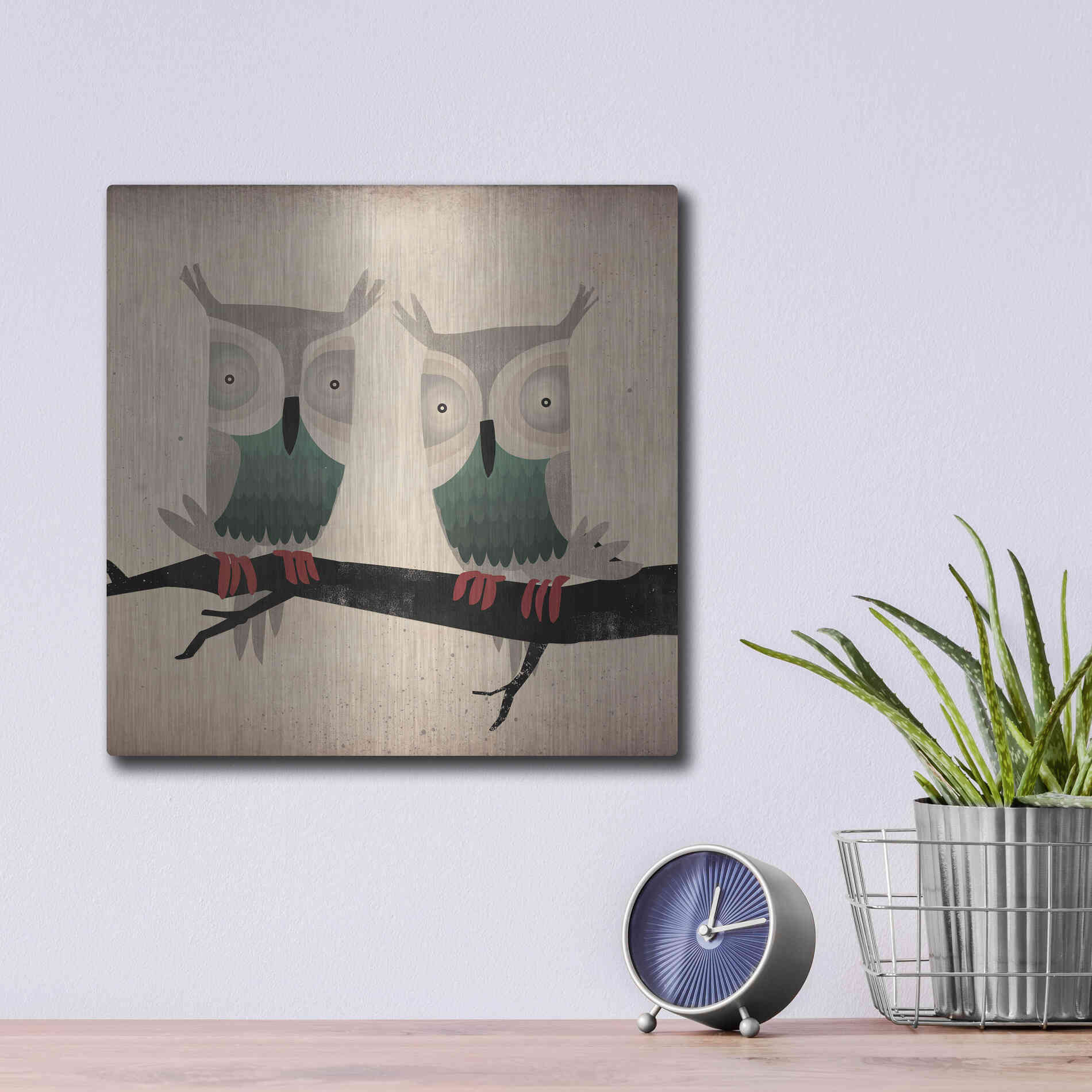 Luxe Metal Art 'Tan Owls Square' by Ryan Fowler, Metal Wall Art,12x12
