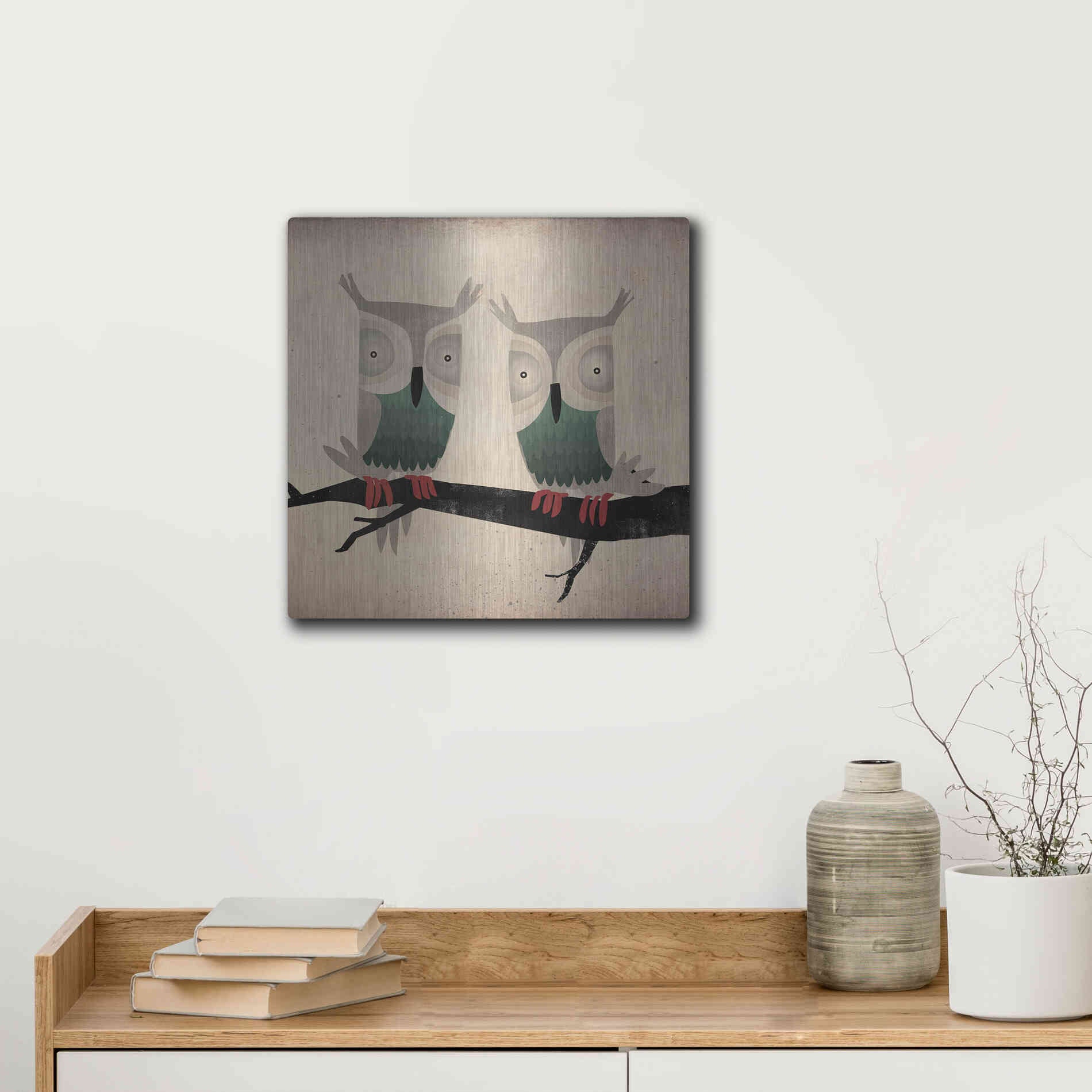 Luxe Metal Art 'Tan Owls Square' by Ryan Fowler, Metal Wall Art,12x12