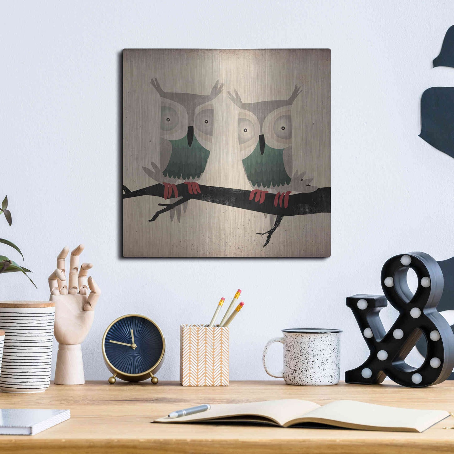 Luxe Metal Art 'Tan Owls Square' by Ryan Fowler, Metal Wall Art,12x12