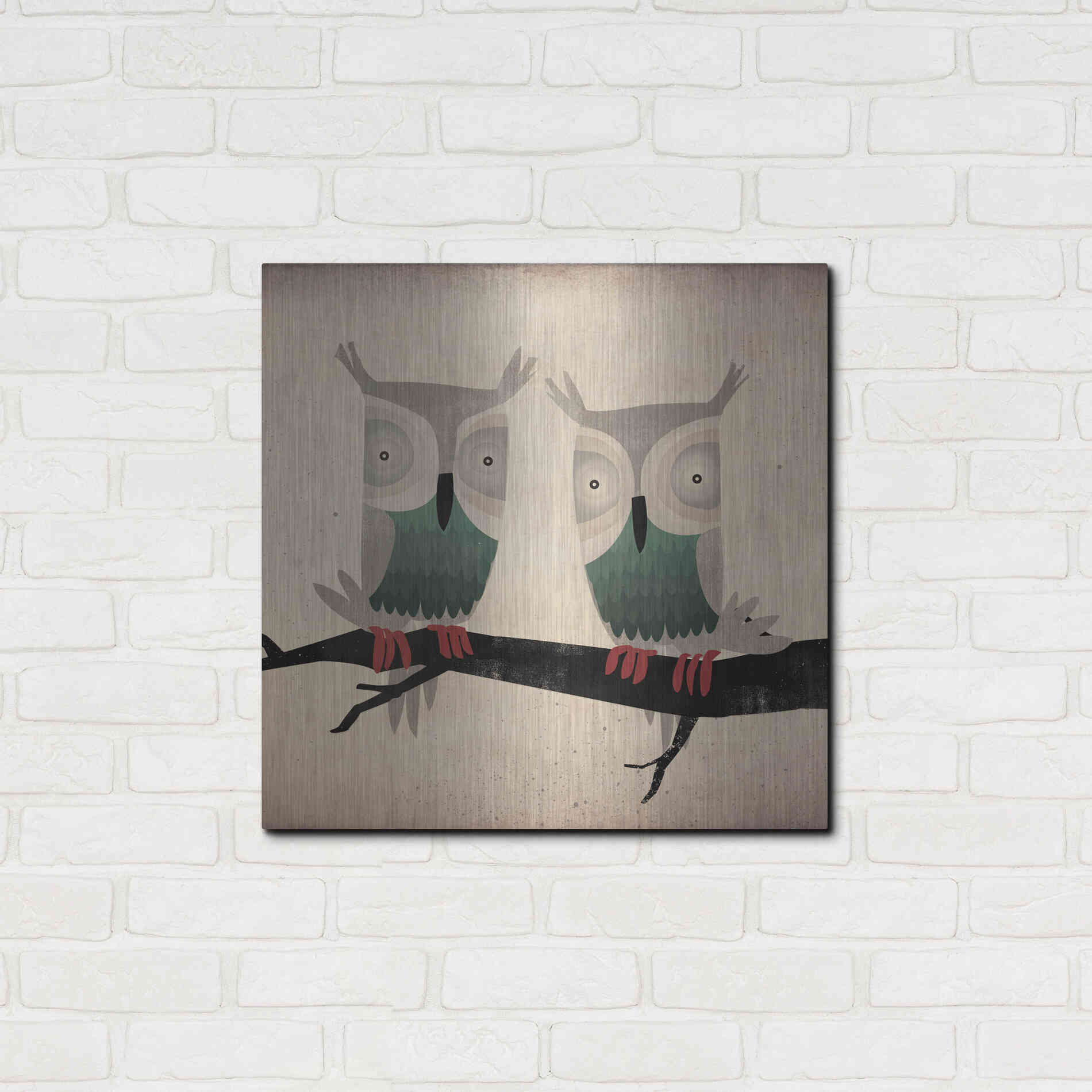 Luxe Metal Art 'Tan Owls Square' by Ryan Fowler, Metal Wall Art,24x24