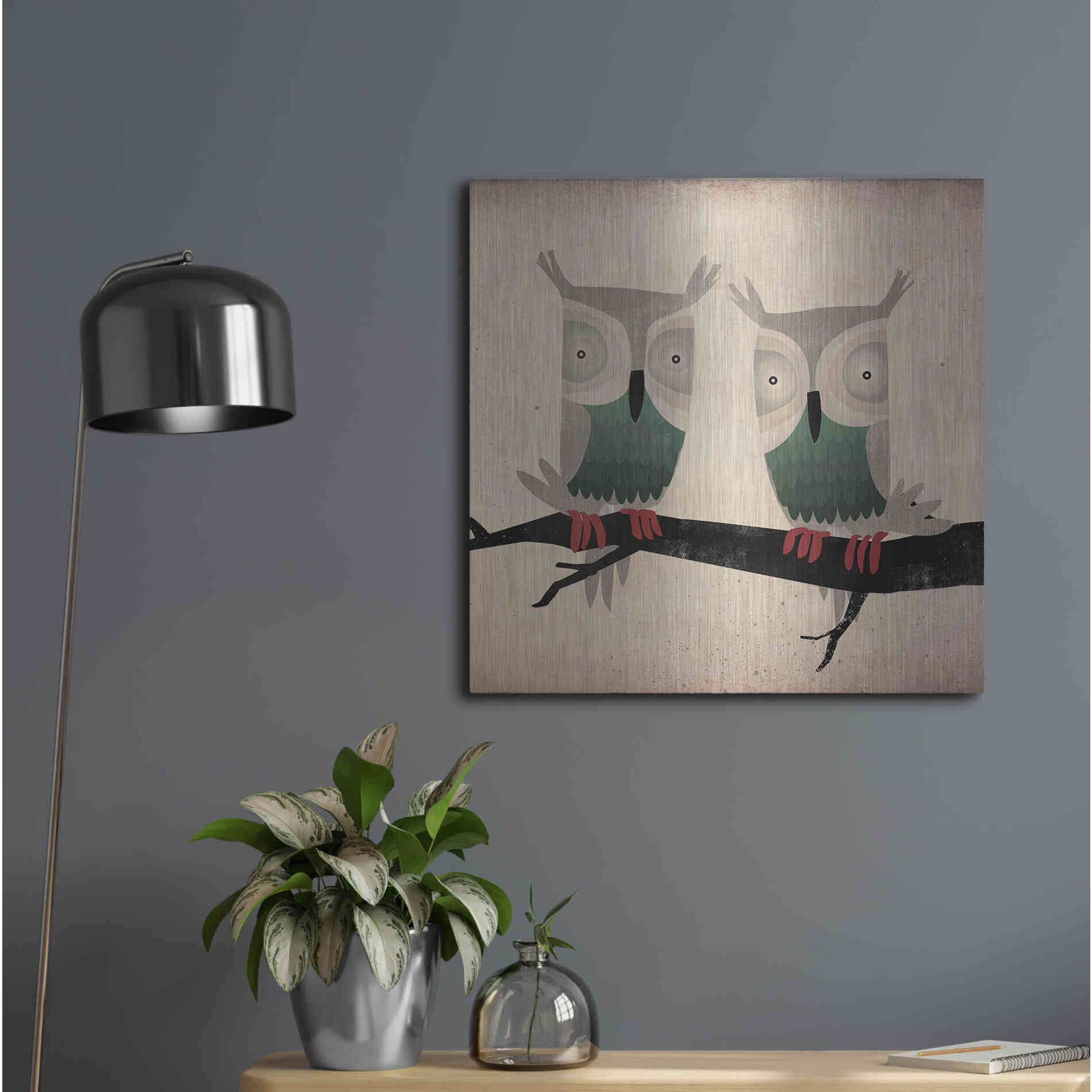 Luxe Metal Art 'Tan Owls Square' by Ryan Fowler, Metal Wall Art,24x24