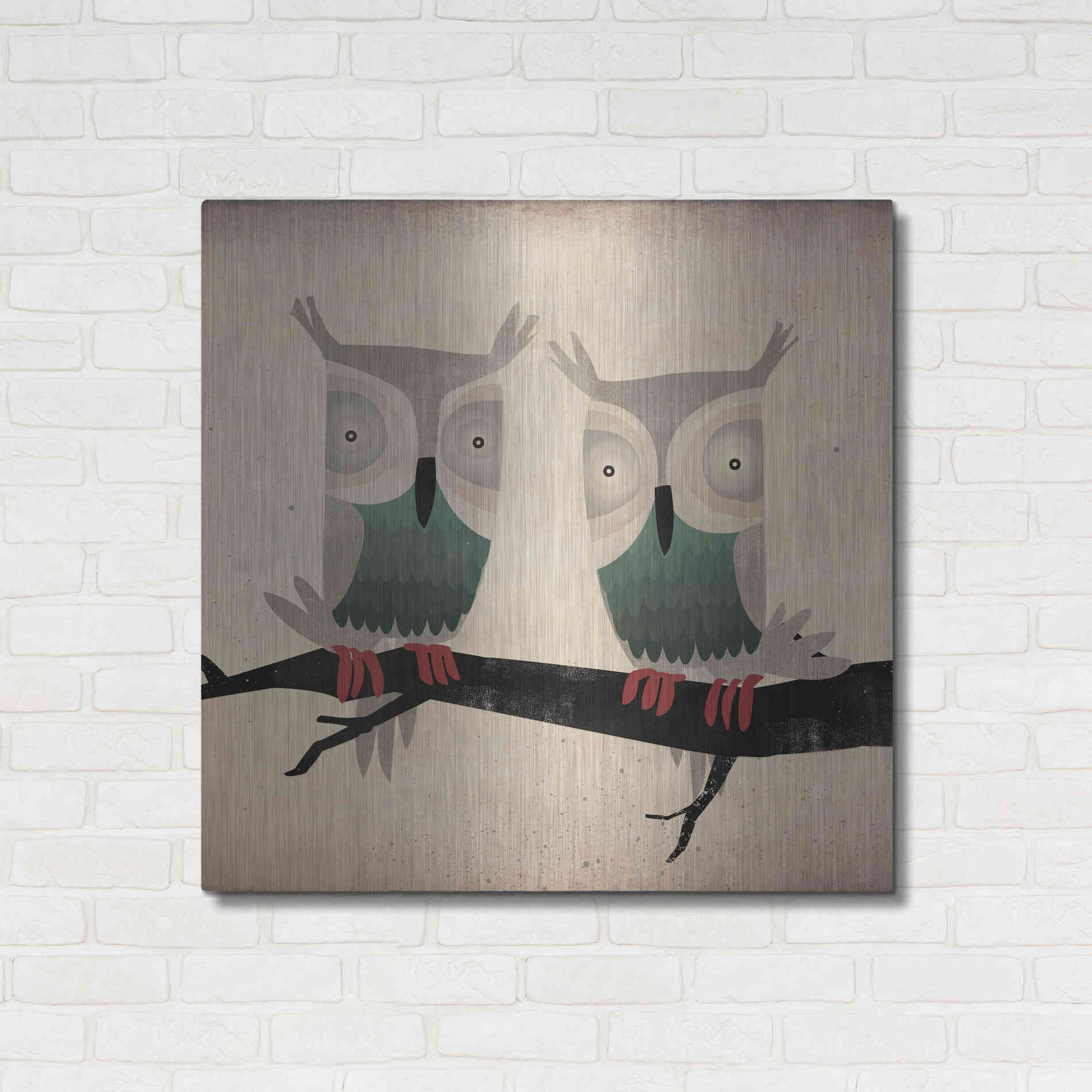 Luxe Metal Art 'Tan Owls Square' by Ryan Fowler, Metal Wall Art,36x36