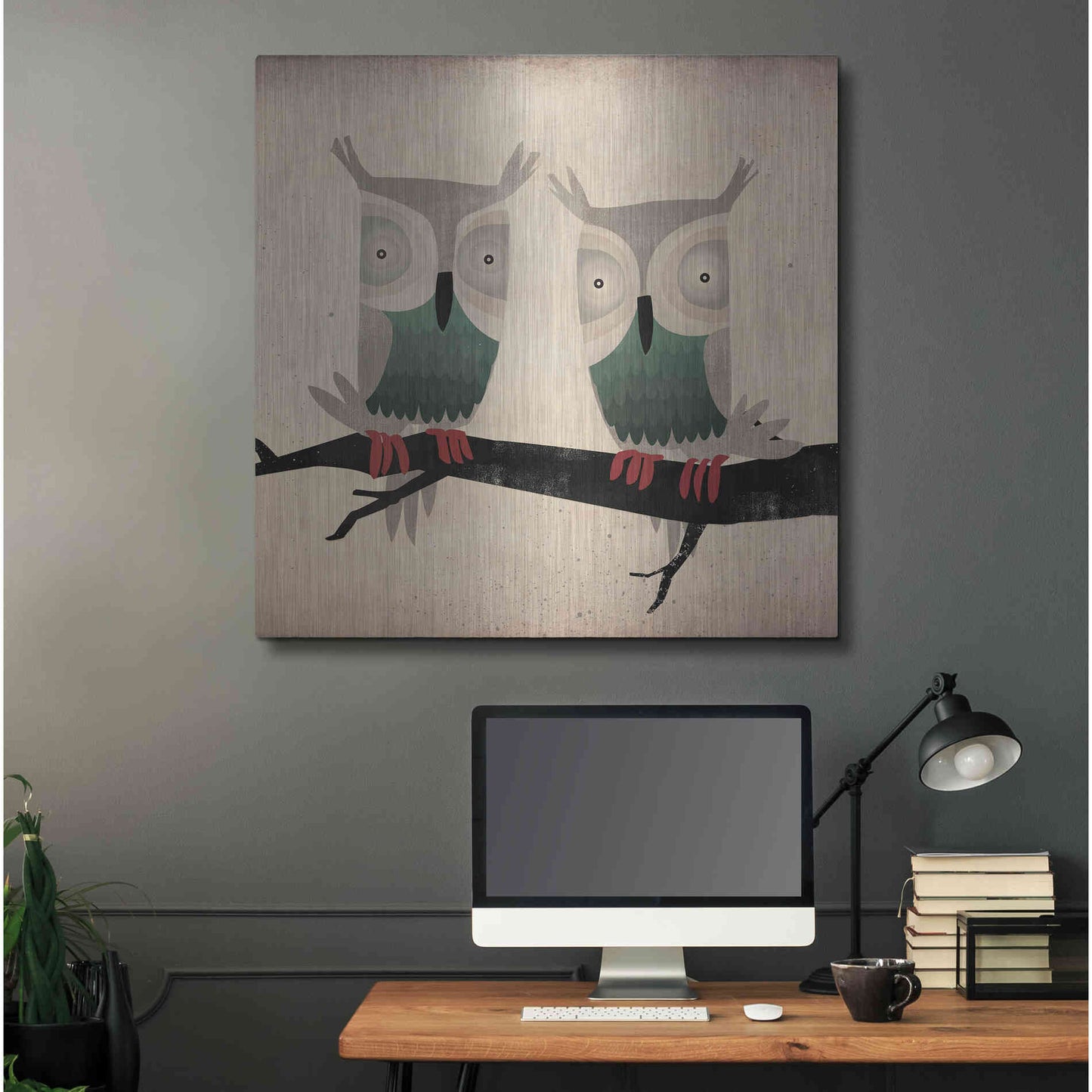 Luxe Metal Art 'Tan Owls Square' by Ryan Fowler, Metal Wall Art,36x36