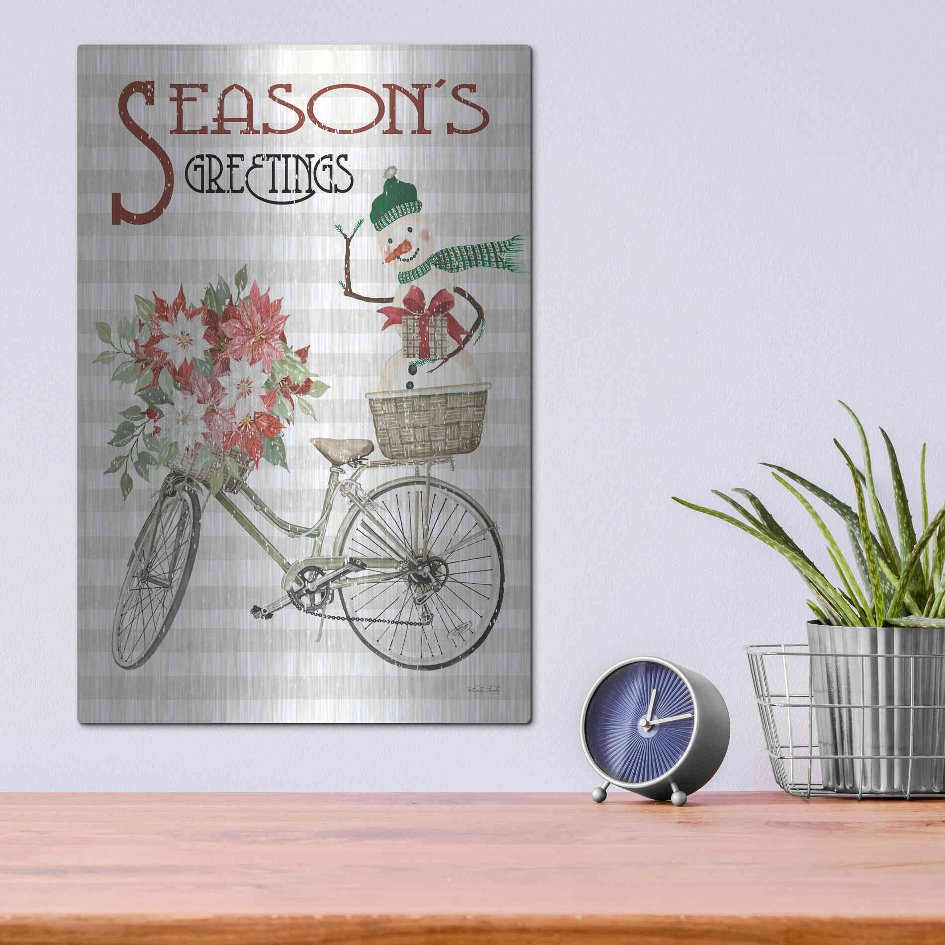 Luxe Metal Art 'Season's Greetings Bicycle' by Cindy Jacobs, Metal Wall Art,12x16