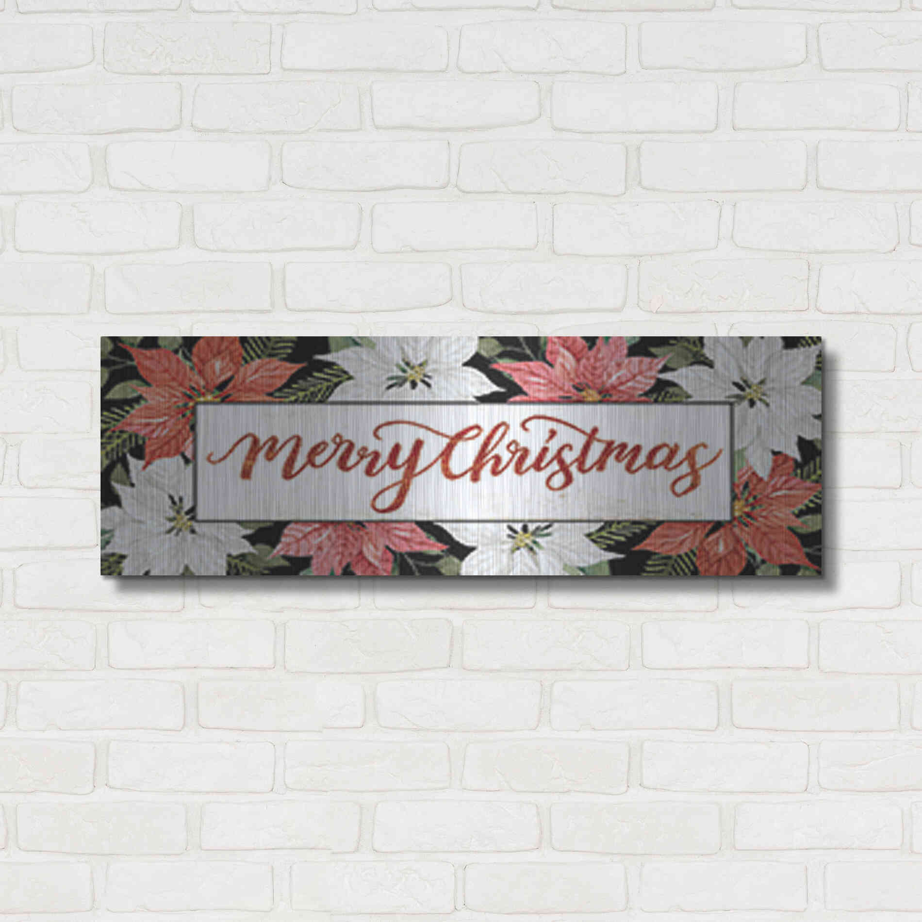 Luxe Metal Art 'Merry Christmas Poinsettias' by Cindy Jacobs, Metal Wall Art,36x12