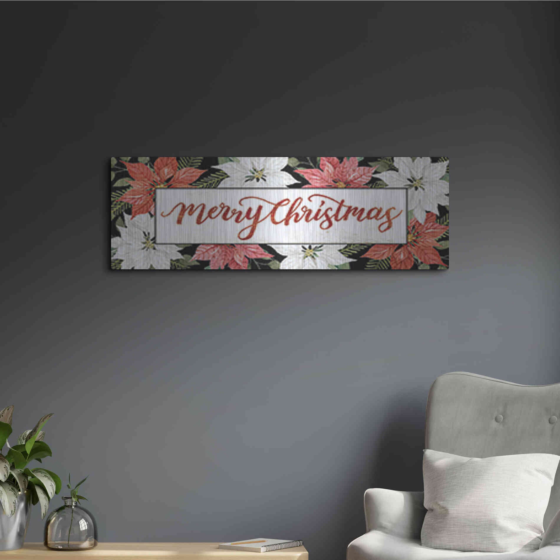 Luxe Metal Art 'Merry Christmas Poinsettias' by Cindy Jacobs, Metal Wall Art,36x12