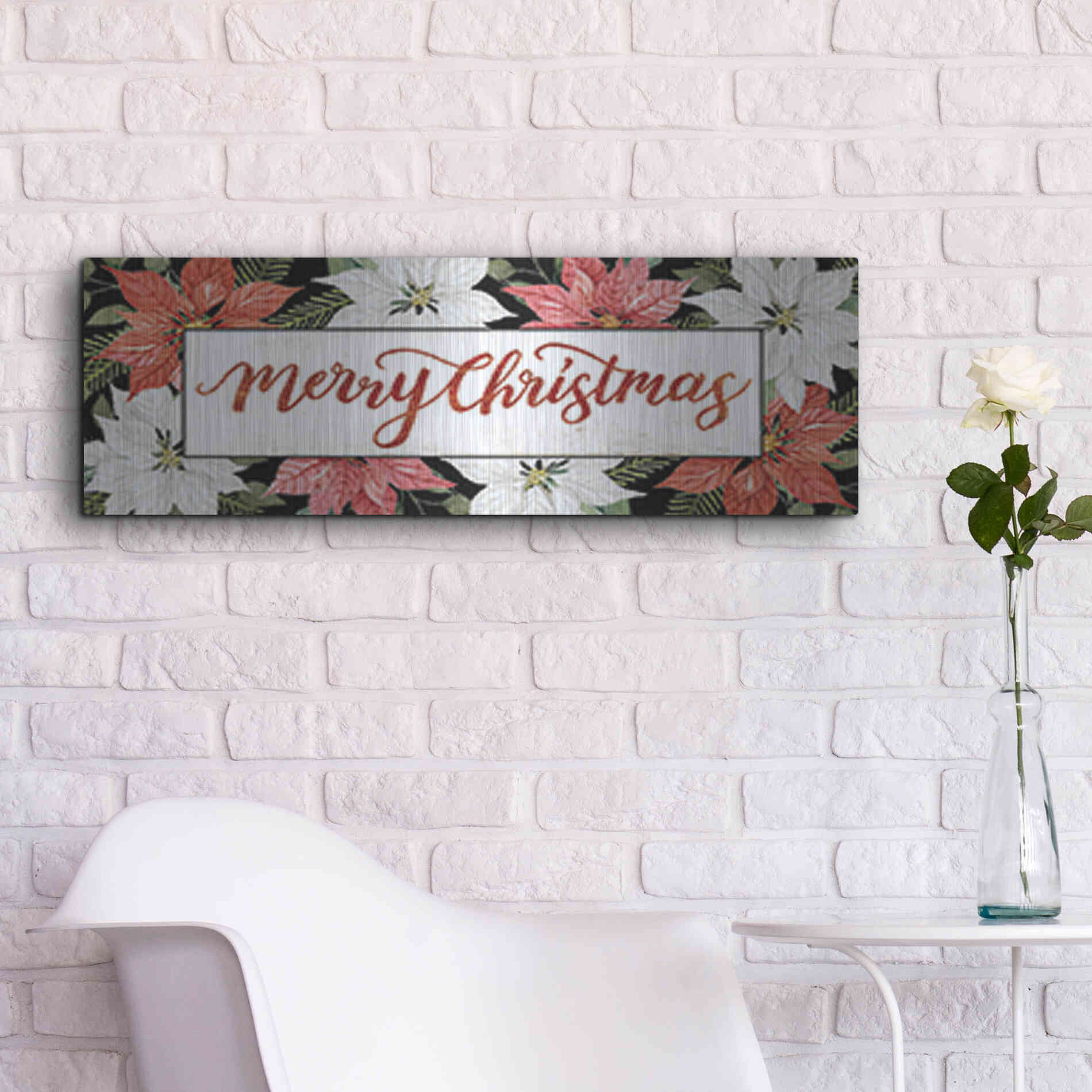 Luxe Metal Art 'Merry Christmas Poinsettias' by Cindy Jacobs, Metal Wall Art,36x12