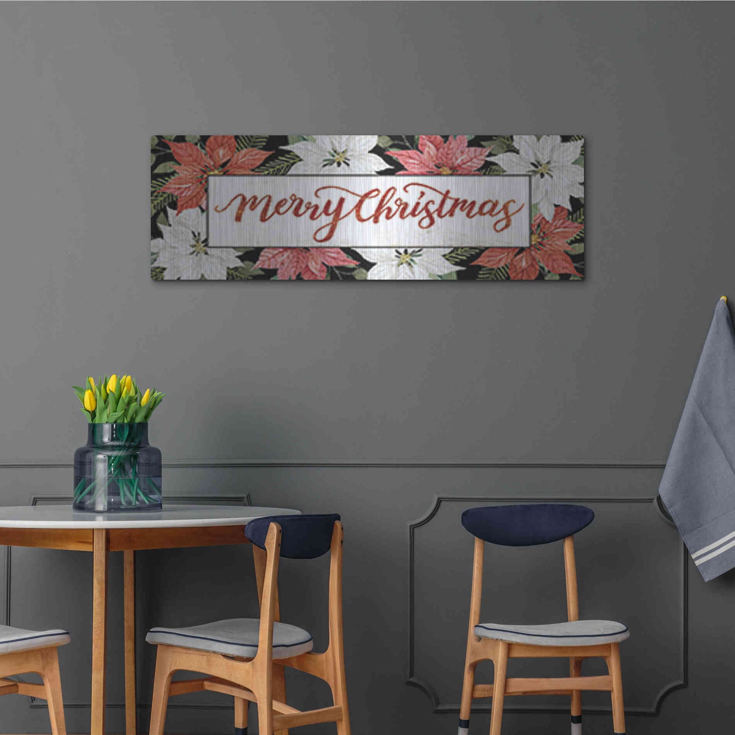 Luxe Metal Art 'Merry Christmas Poinsettias' by Cindy Jacobs, Metal Wall Art,48x16