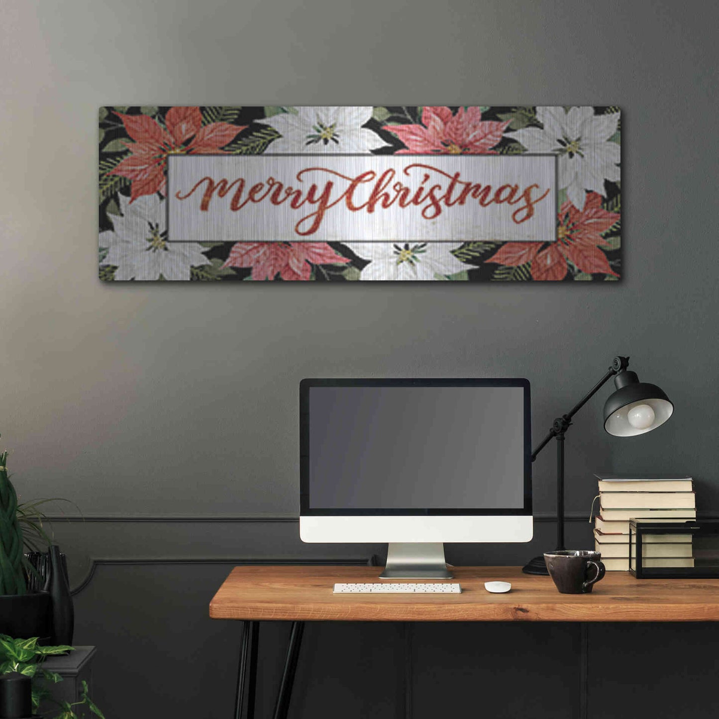 Luxe Metal Art 'Merry Christmas Poinsettias' by Cindy Jacobs, Metal Wall Art,48x16