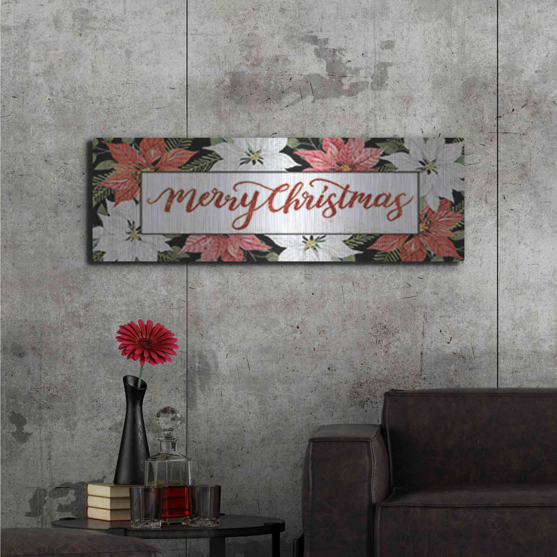 Luxe Metal Art 'Merry Christmas Poinsettias' by Cindy Jacobs, Metal Wall Art,48x16