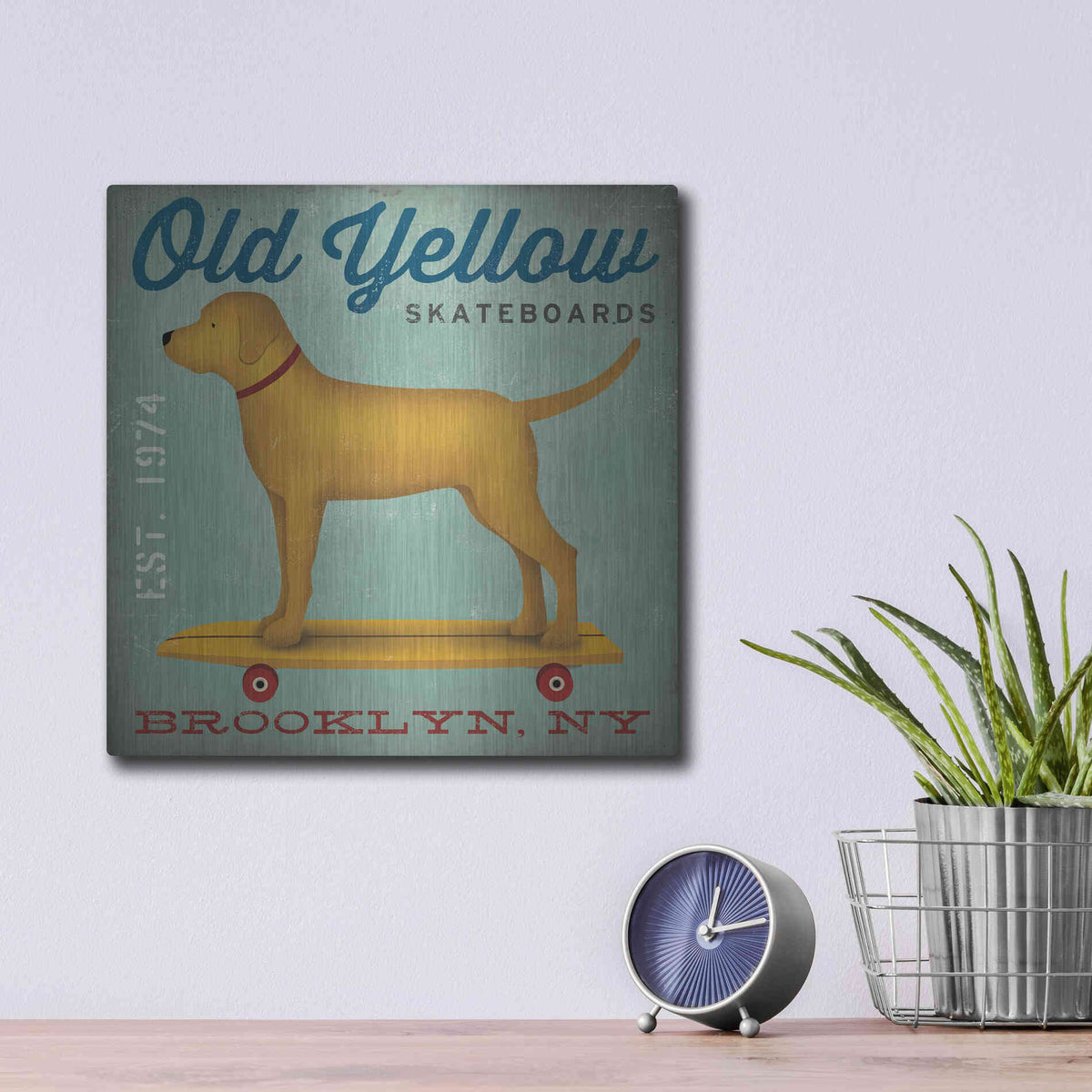 Luxe Metal Art 'Golden Dog on Skateboard' by Ryan Fowler, Metal Wall Art,12x12