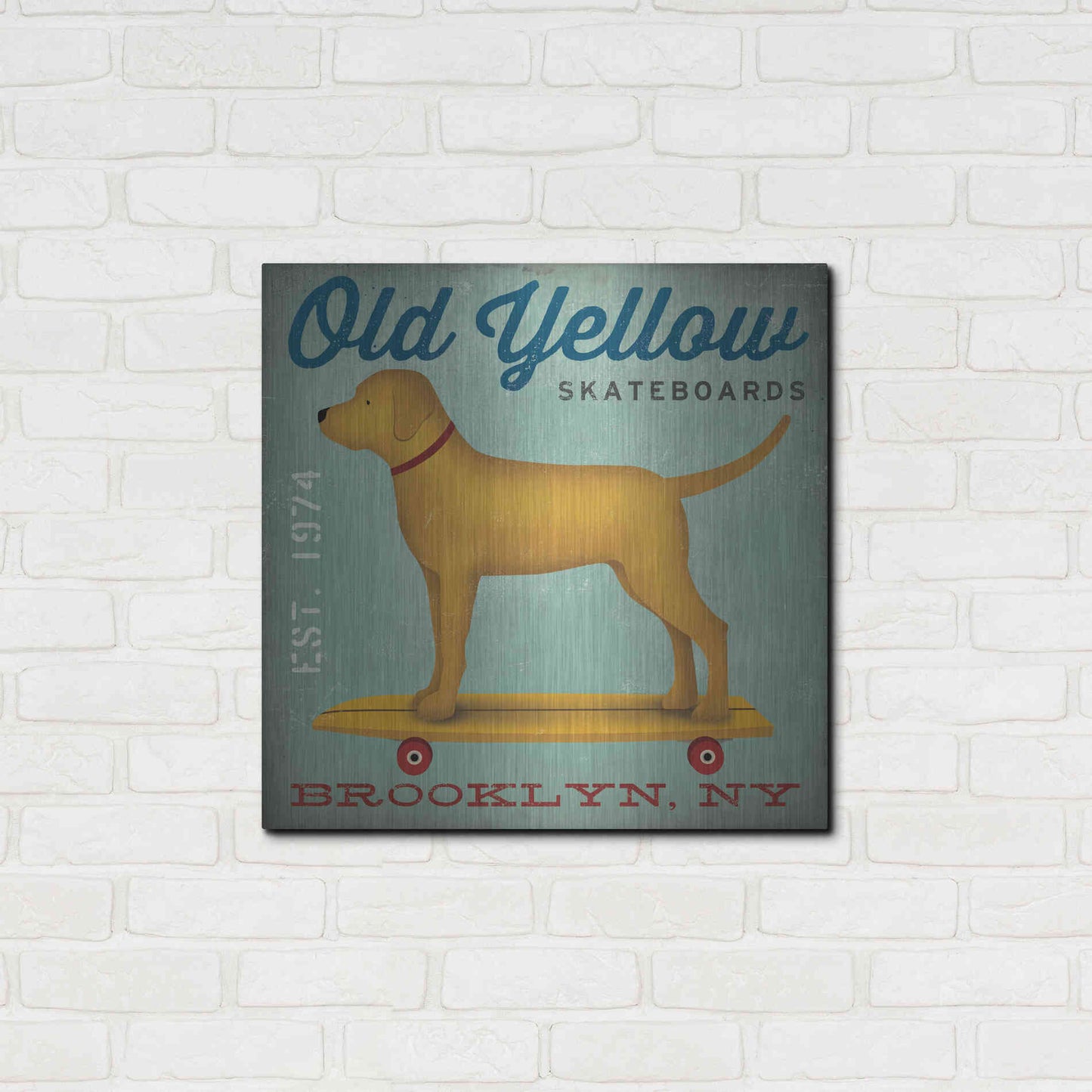 Luxe Metal Art 'Golden Dog on Skateboard' by Ryan Fowler, Metal Wall Art,24x24